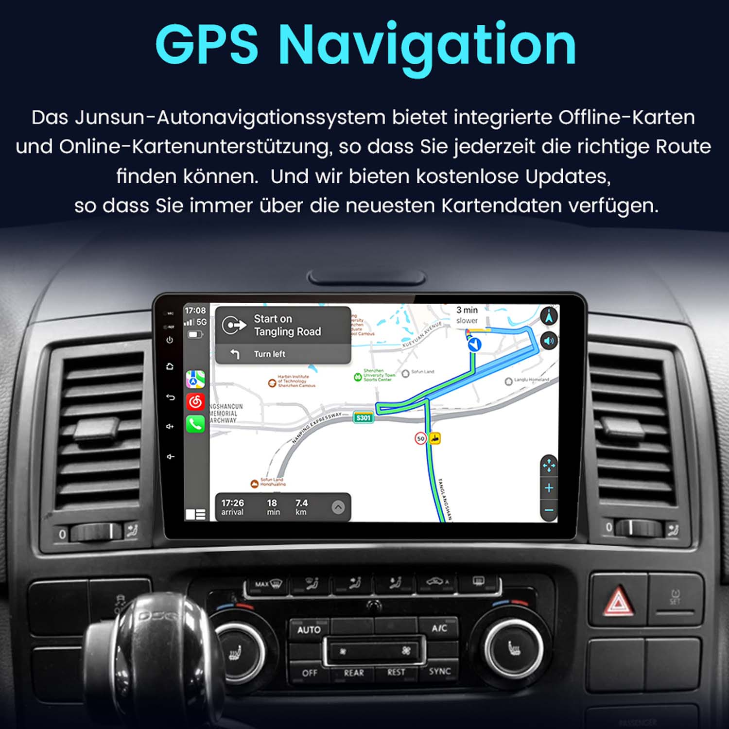 Armaturenbrett mit GPS-Navigationsbildschirm, der eine Karte und Navigation anzeigt. Der Innenraum ist sichtbar.