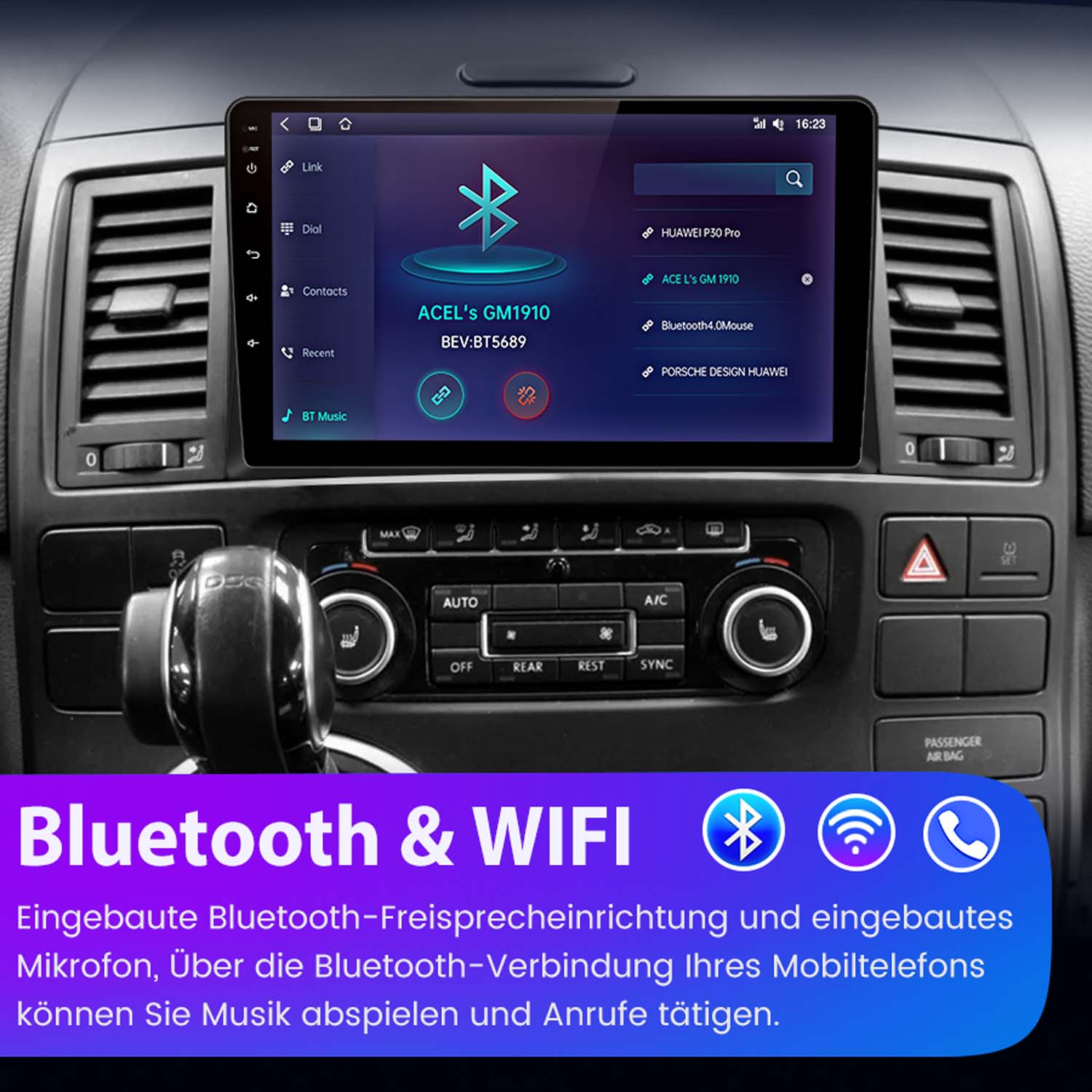 Armaturenbrett im Auto mit Bildschirm, der Bluetooth- und WLAN-Optionen anzeigt.