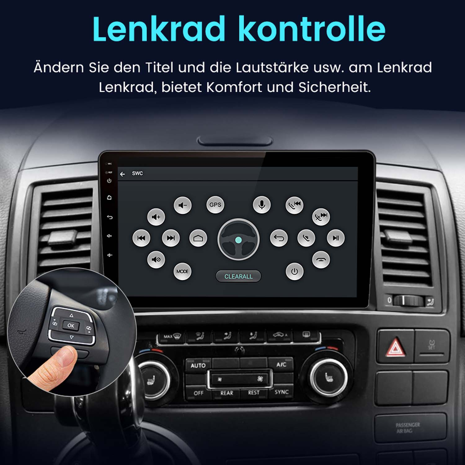 Autoradio mit Touchscreen-Oberfläche. Eine Hand drückt einen Knopf auf dem Armaturenbrett.