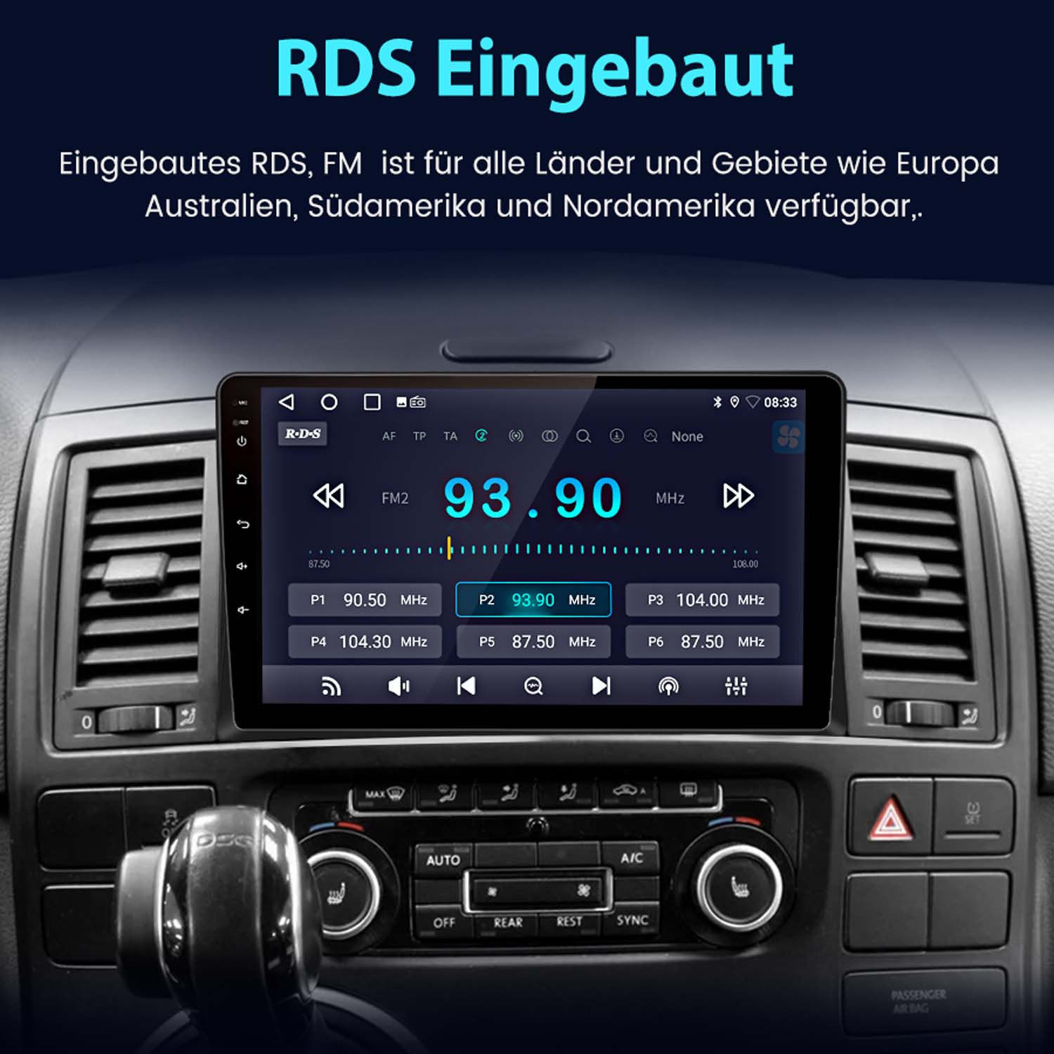 Auto-Infotainment-Bildschirm mit Radioinformationen und Text oben.