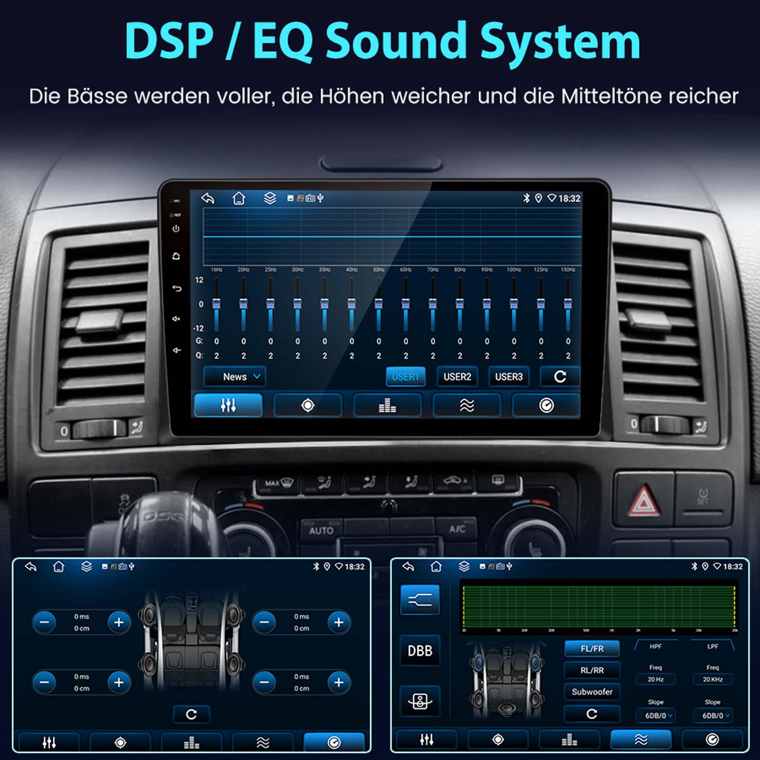 Auto-Audiosystem-Bildschirm mit Equalizer-Einstellungen und anderen Klangeinstellungen.