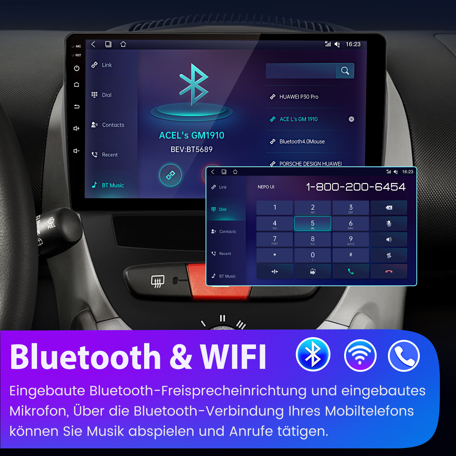 System informacyjno-rozrywkowy w samochodzie wyświetlający połączenie Bluetooth i interfejs wybierania numeru. Wyświetlane są ikony Bluetooth i Wi-Fi.