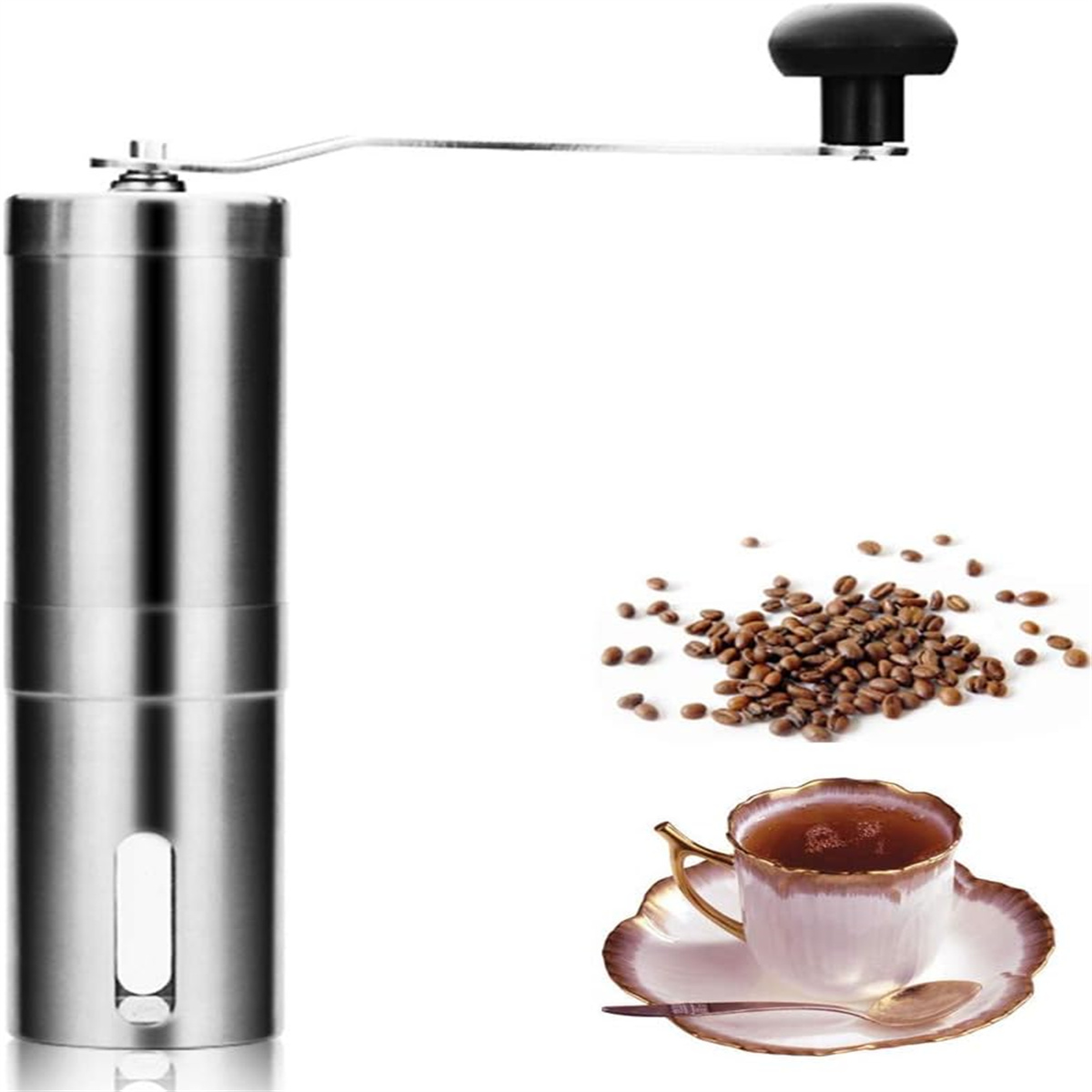 Kaffeemühle, Kaffeetasse und Kaffeebohnen auf weißem Hintergrund.