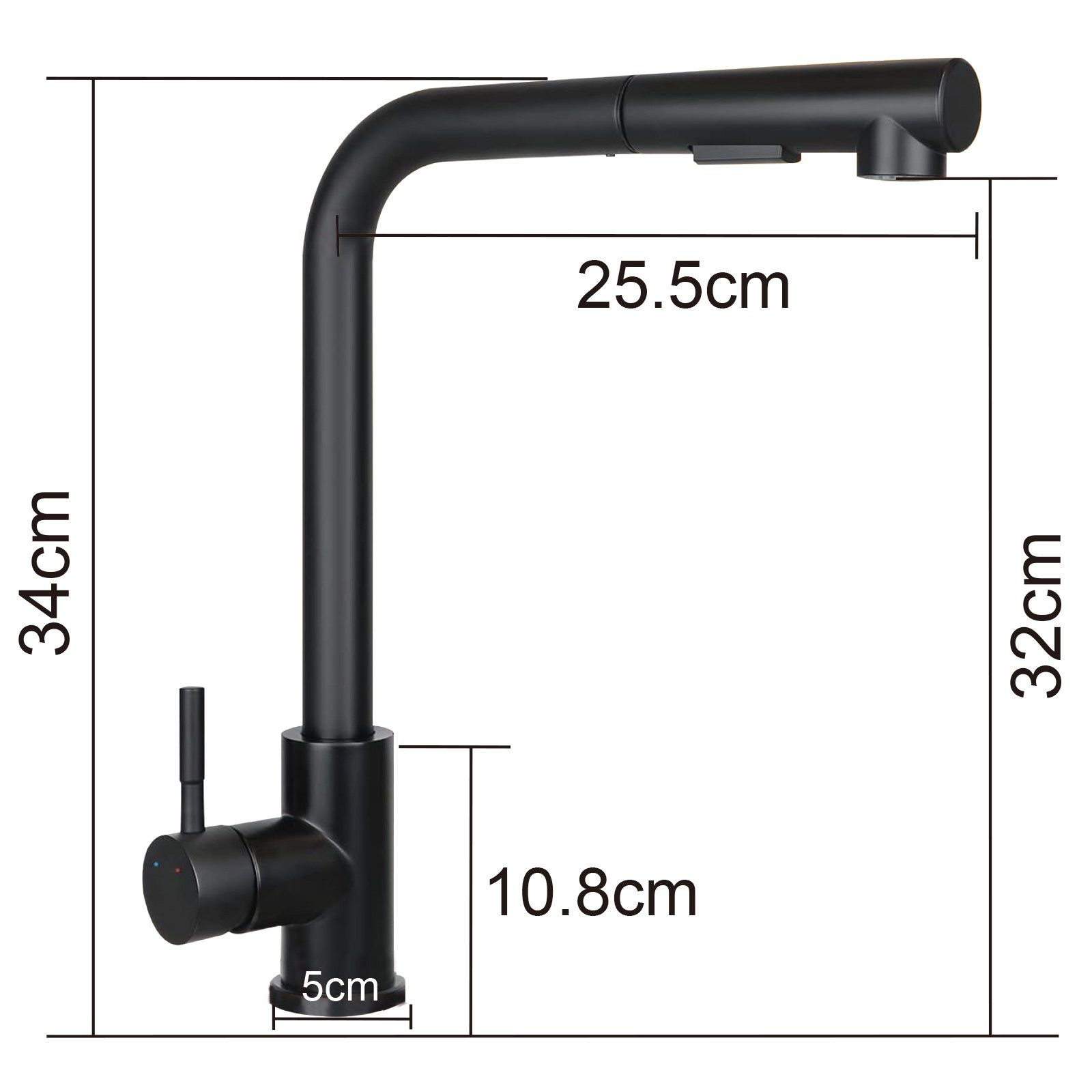 Czarna bateria kuchenna z wymiarami: 34cm wysokość, 25,5cm wylewka, 10,8cm podstawa, 5cm szerokość.