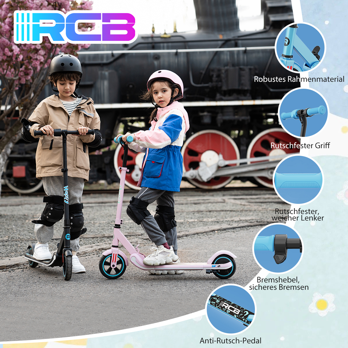 Zwei Kinder auf Rollern, einer rosa und einer schwarz, mit Rollerdetails und Illustrationen.