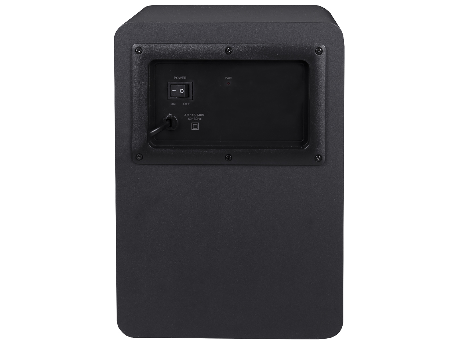 Czarny subwoofer. Tylny panel z przełącznikiem zasilania, wejściem AC i innymi portami.