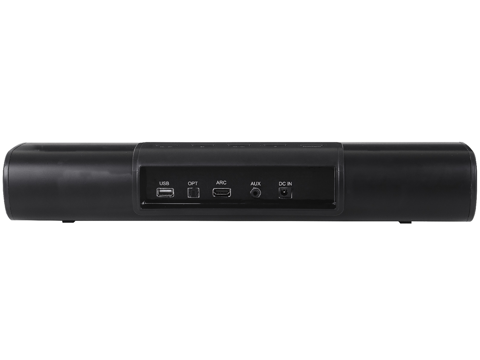 Czarny soundbar z portami USB, OPT, ARC, AUX i DC IN.
