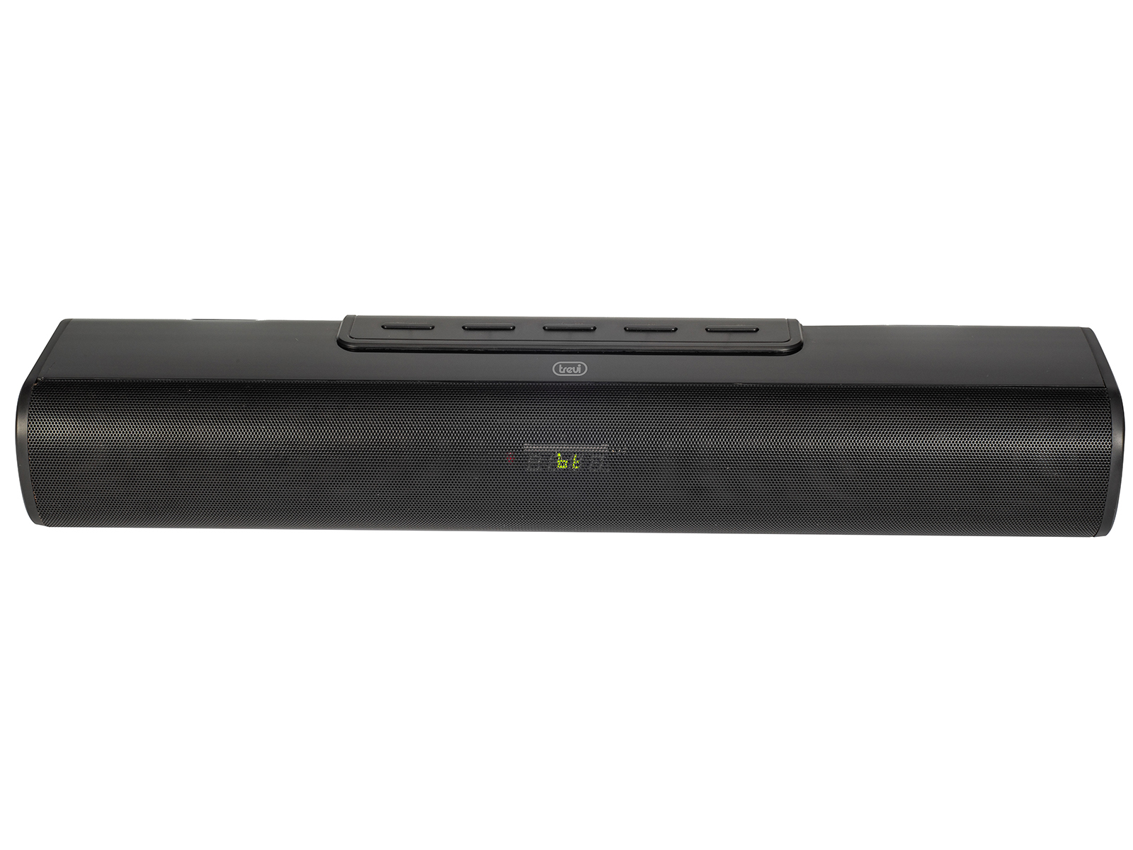 Czarny głośnik soundbar. Ma siatkowy przód i górny panel z elementami sterującymi.