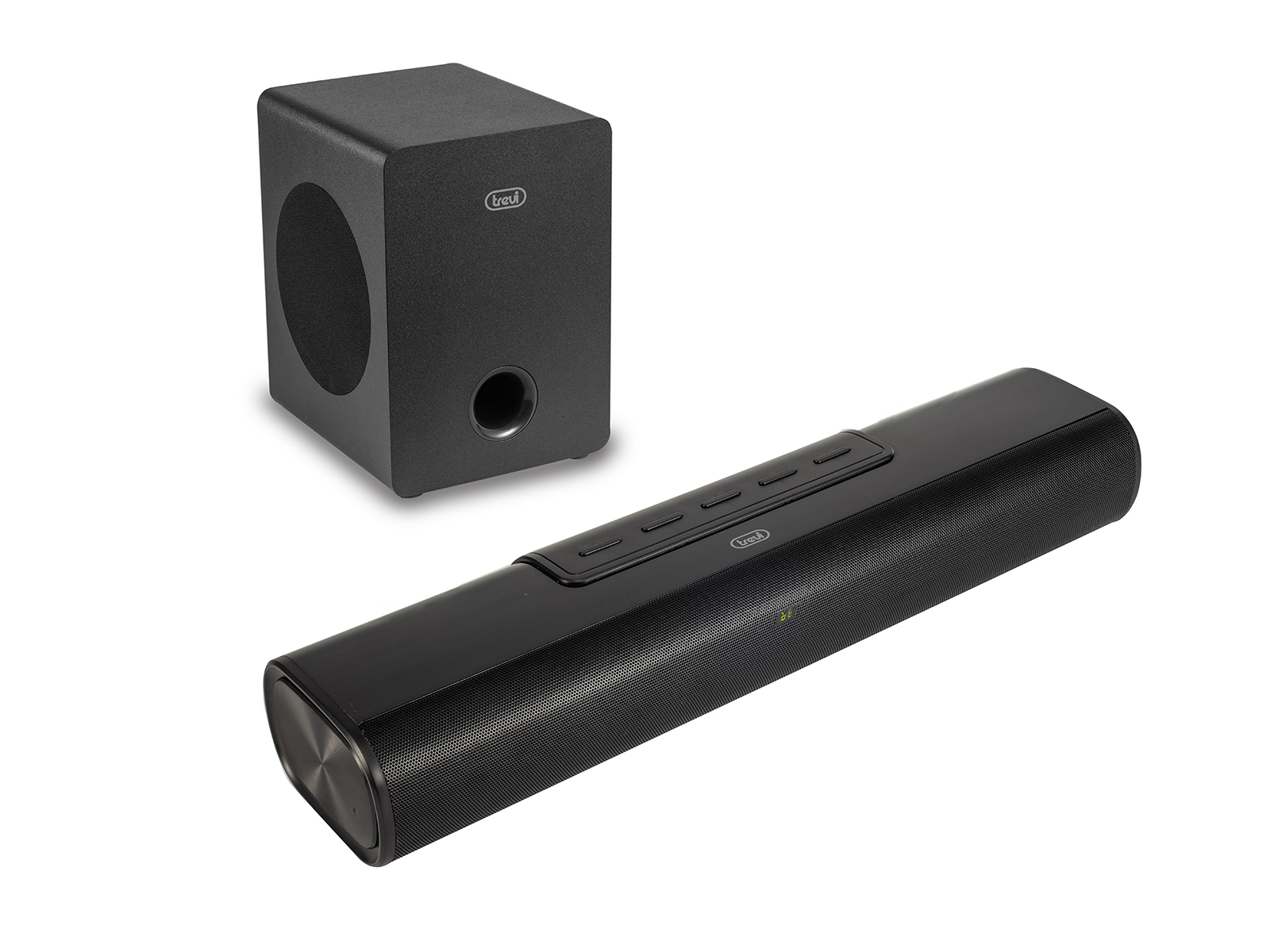 Czarny soundbar z subwooferem. Soundbar ma przyciski, subwoofer to czarny sześcian.