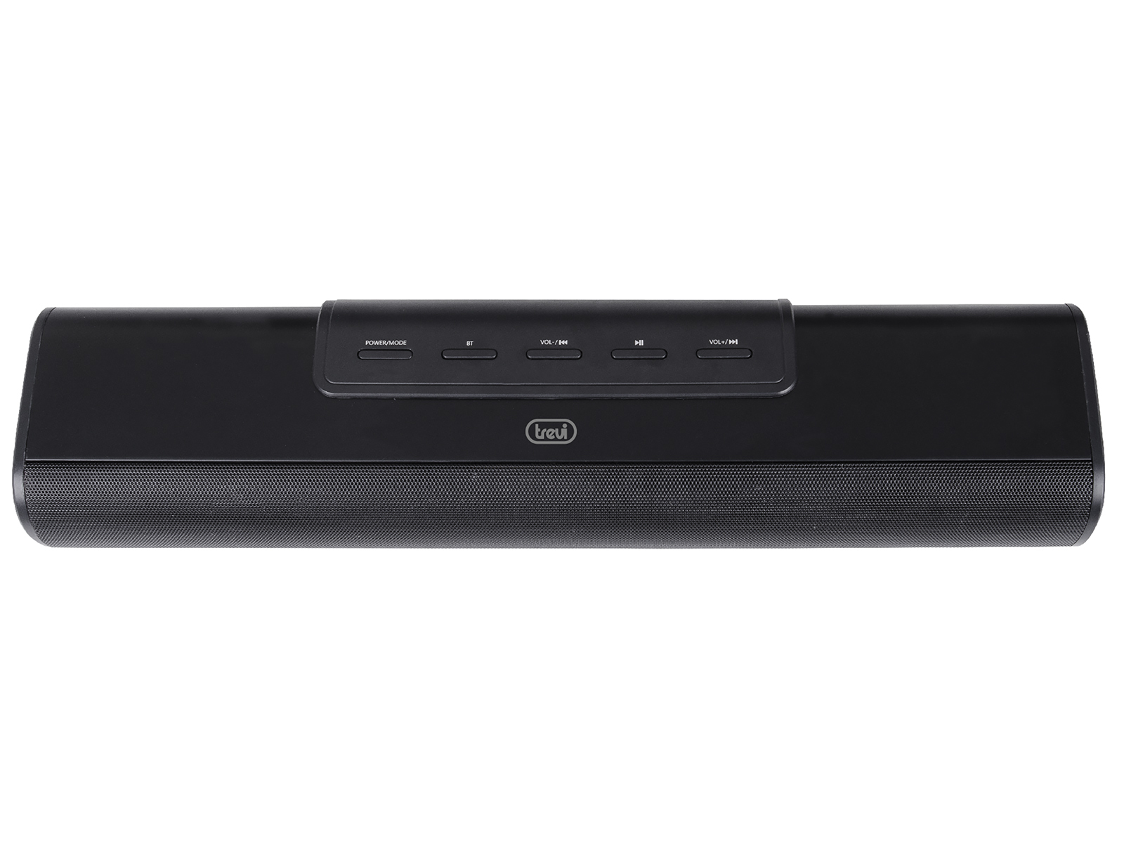 Czarny soundbar z przyciskami u góry. Widoczne logo Trevi. Na białym tle.