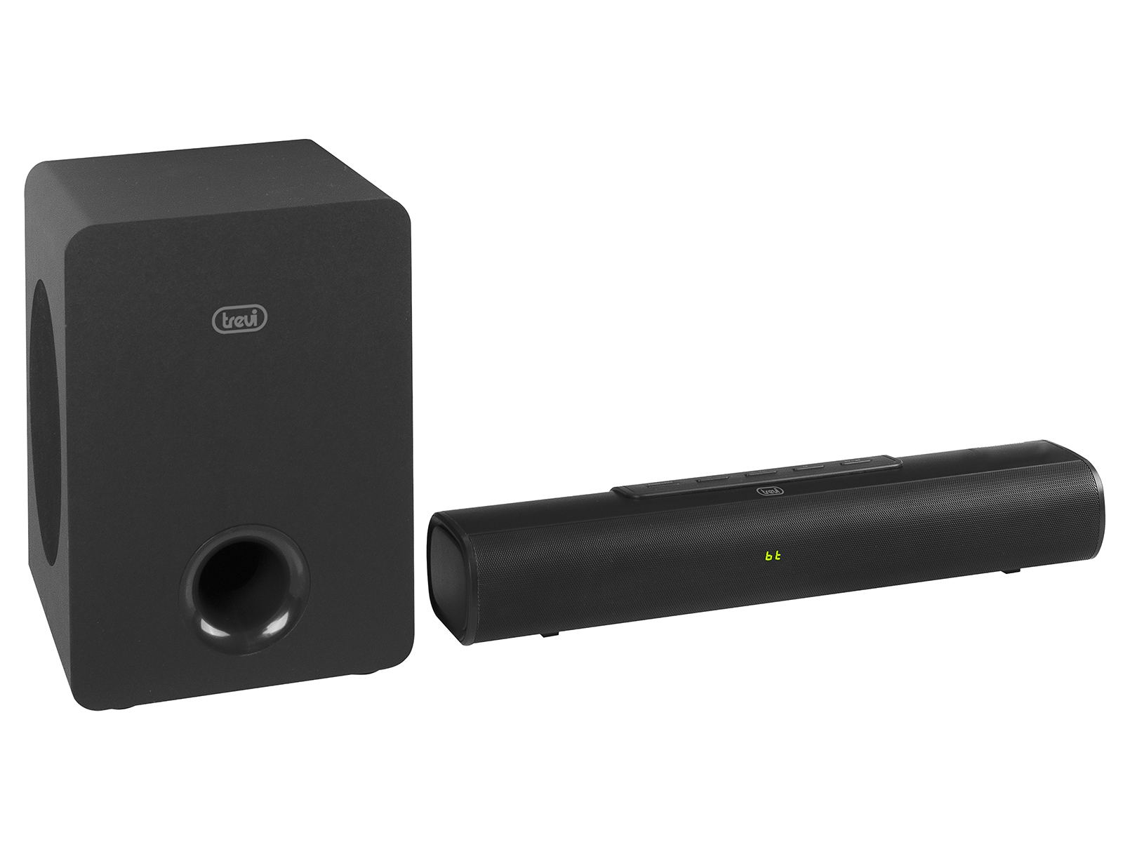 Czarny zestaw soundbaru i subwoofera na białym tle. Soundbar posiada elementy sterujące.