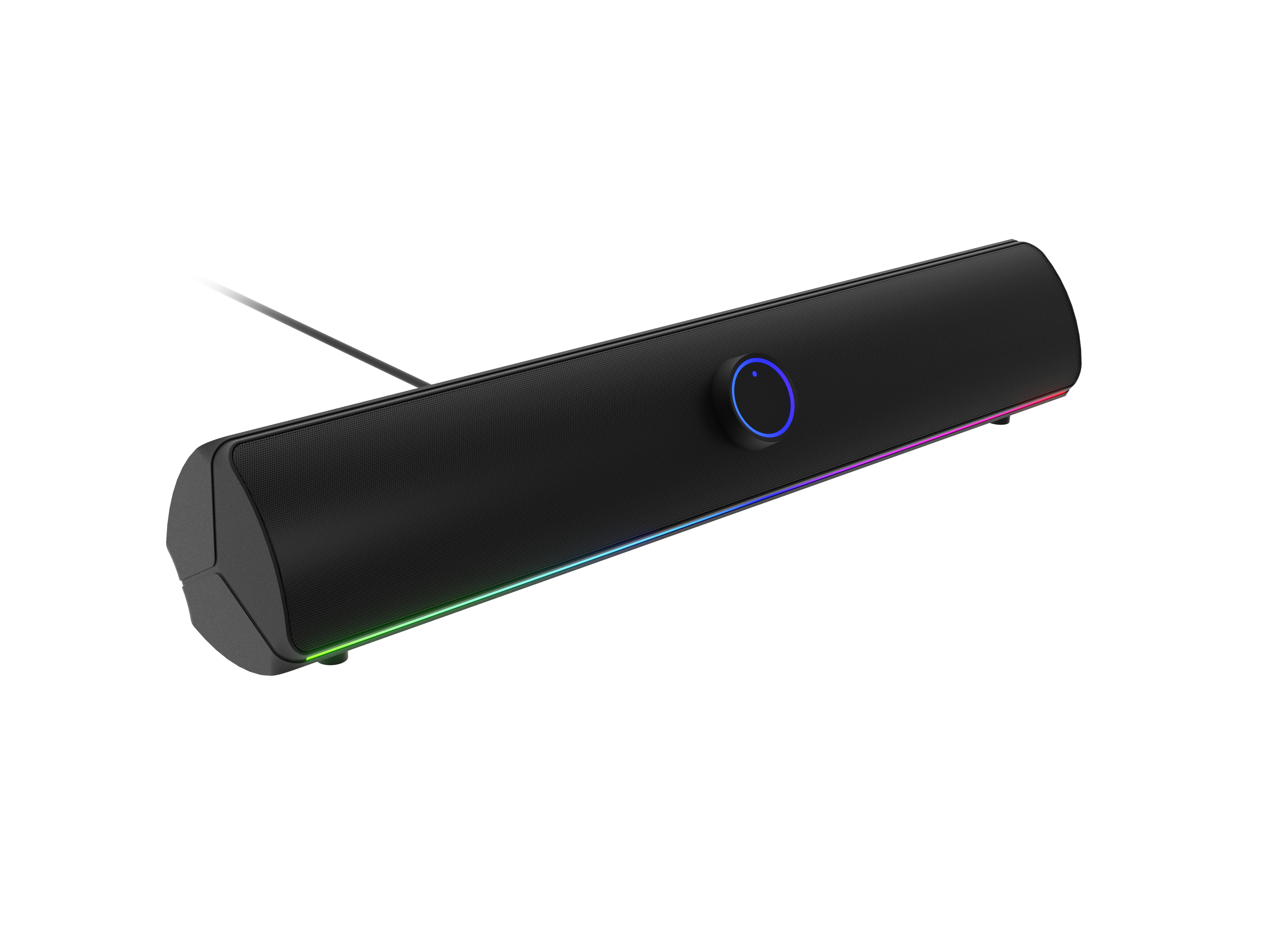 Czarny głośnik soundbar z pokrętłem głośności i światłami RGB. Białe tło.