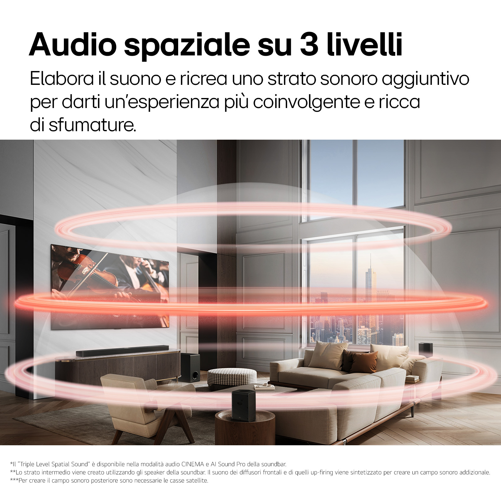 A living room with a soundbar system. The image shows sound waves emitting from the device.