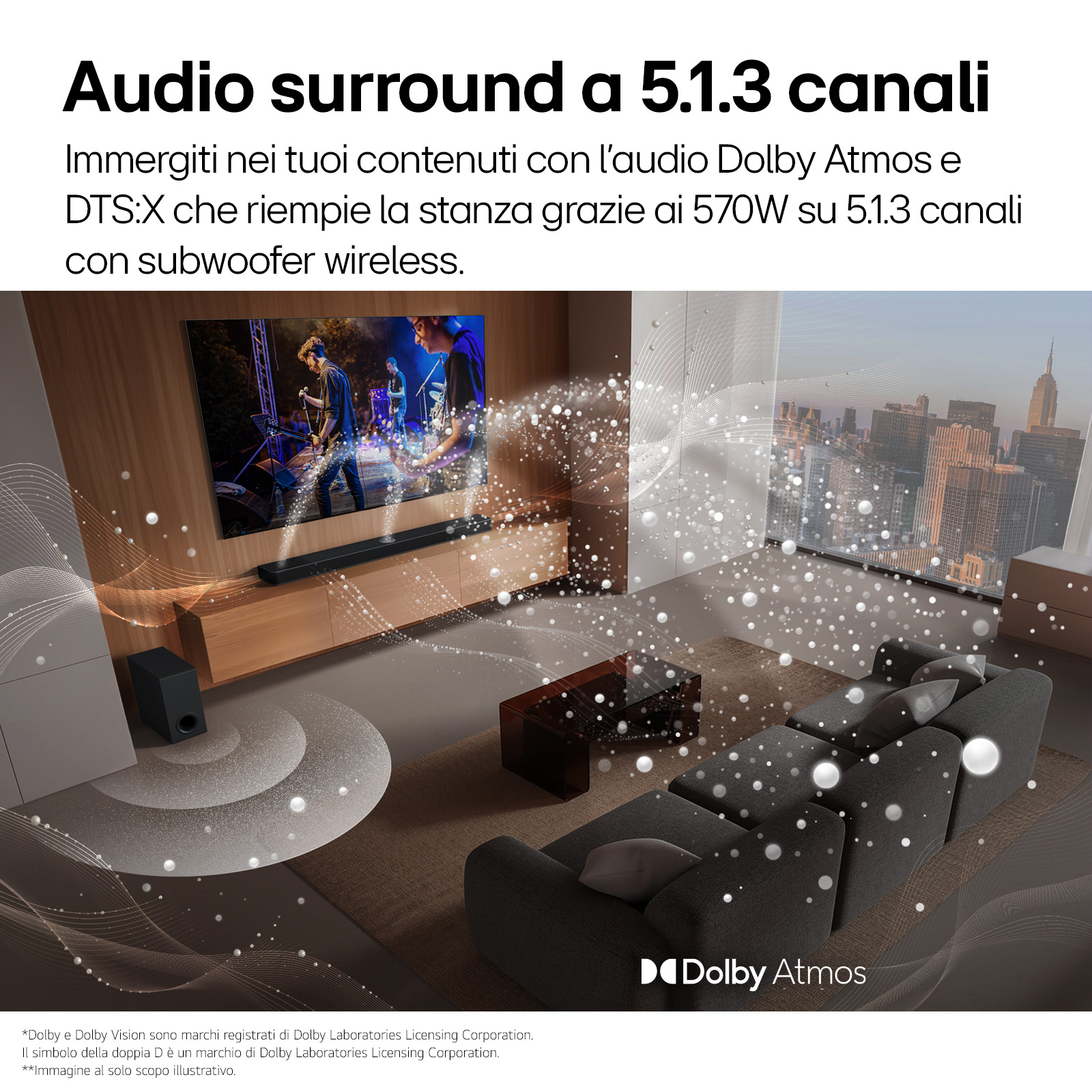 Living room scene with TV and soundbar. Sofa and subwoofer are visible. Dolby Atmos logo is at the bottom.