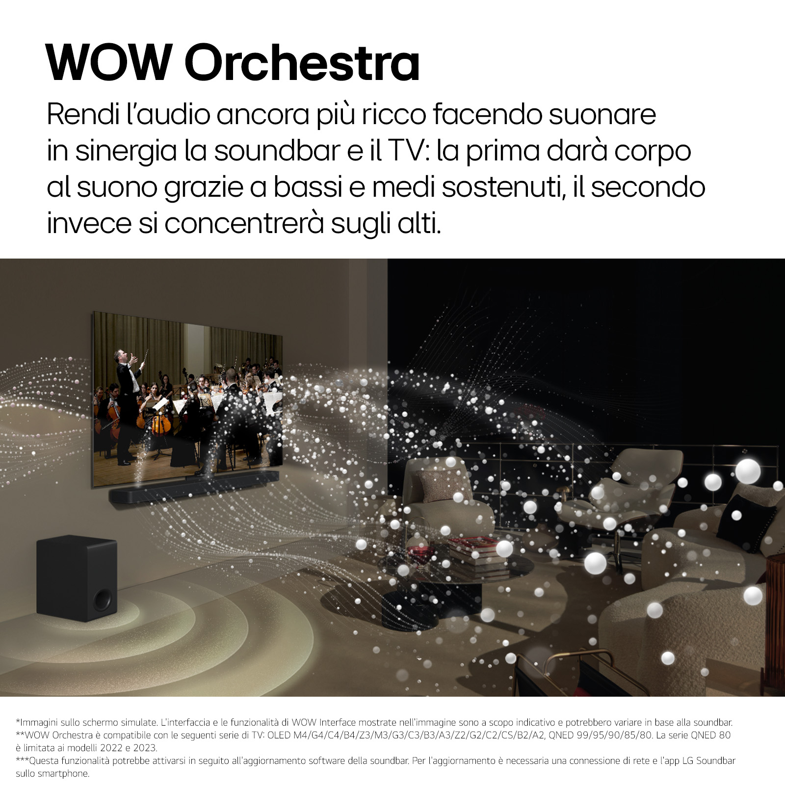 An LG TV with a soundbar and a subwoofer in a room, with an orchestra image on the screen.