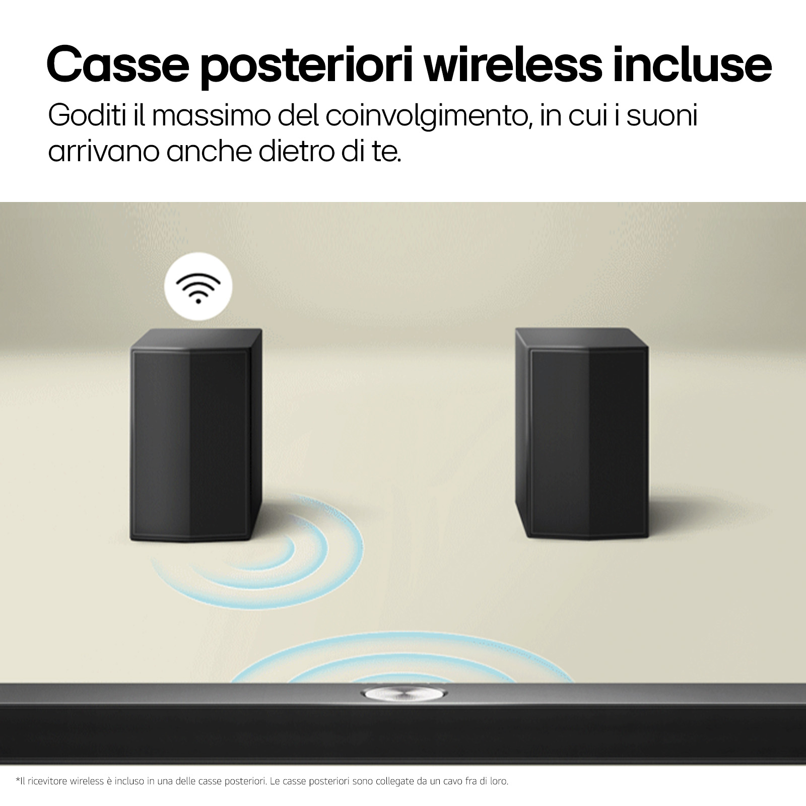 Zwei schwarze kabellose Lautsprecher mit einer Soundbar und einem WLAN-Symbol.