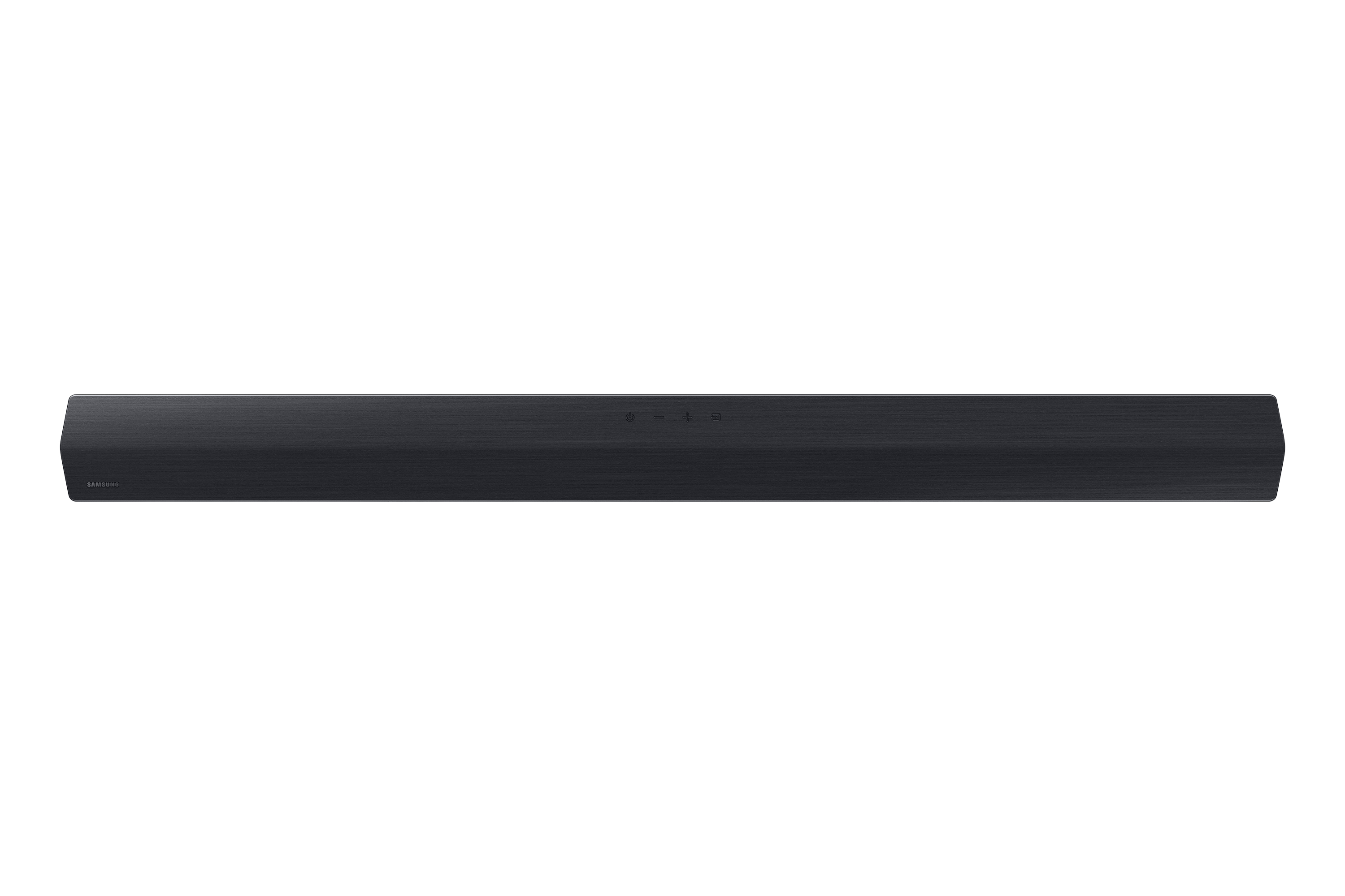 Soundbar nera su sfondo bianco. Design rettangolare ed elegante.