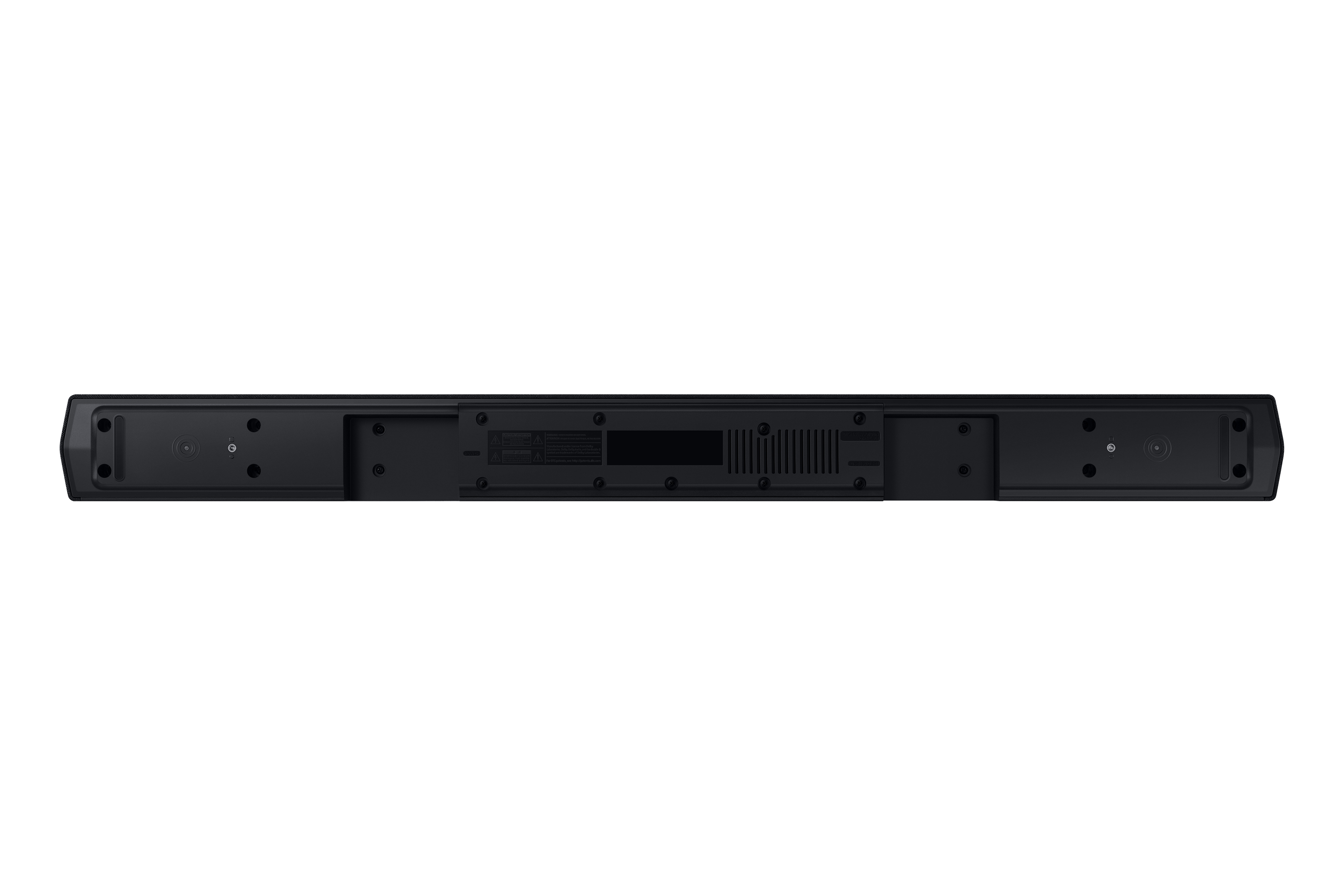Una soundbar nera vista dal basso, con porte e una presa d'aria. Ha un design elegante e rettangolare.