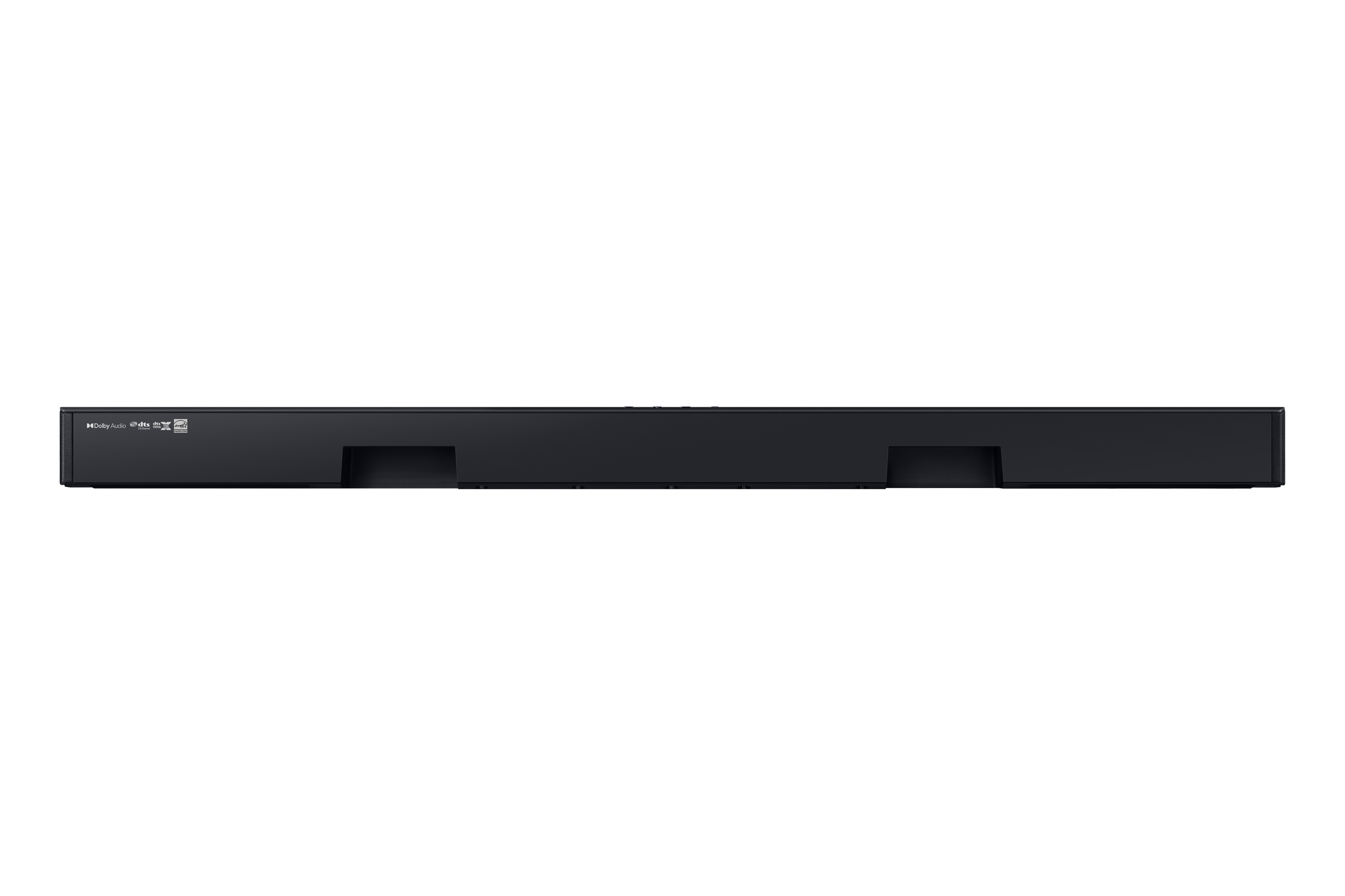 Soundbar nera su sfondo bianco, con Dolby Atmos e altri dettagli.