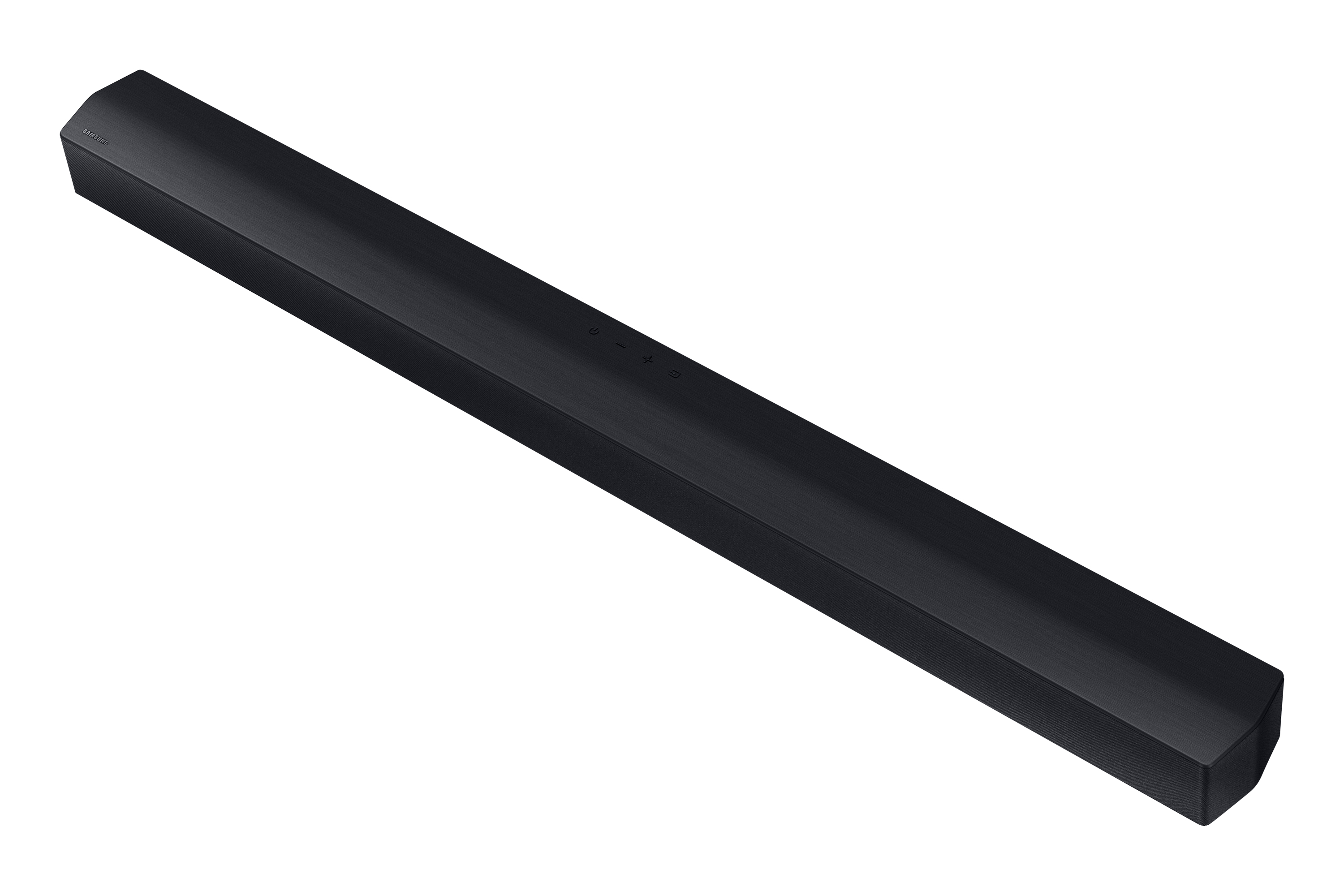 Una soundbar nera su sfondo bianco. La soundbar è lunga e rettangolare.
