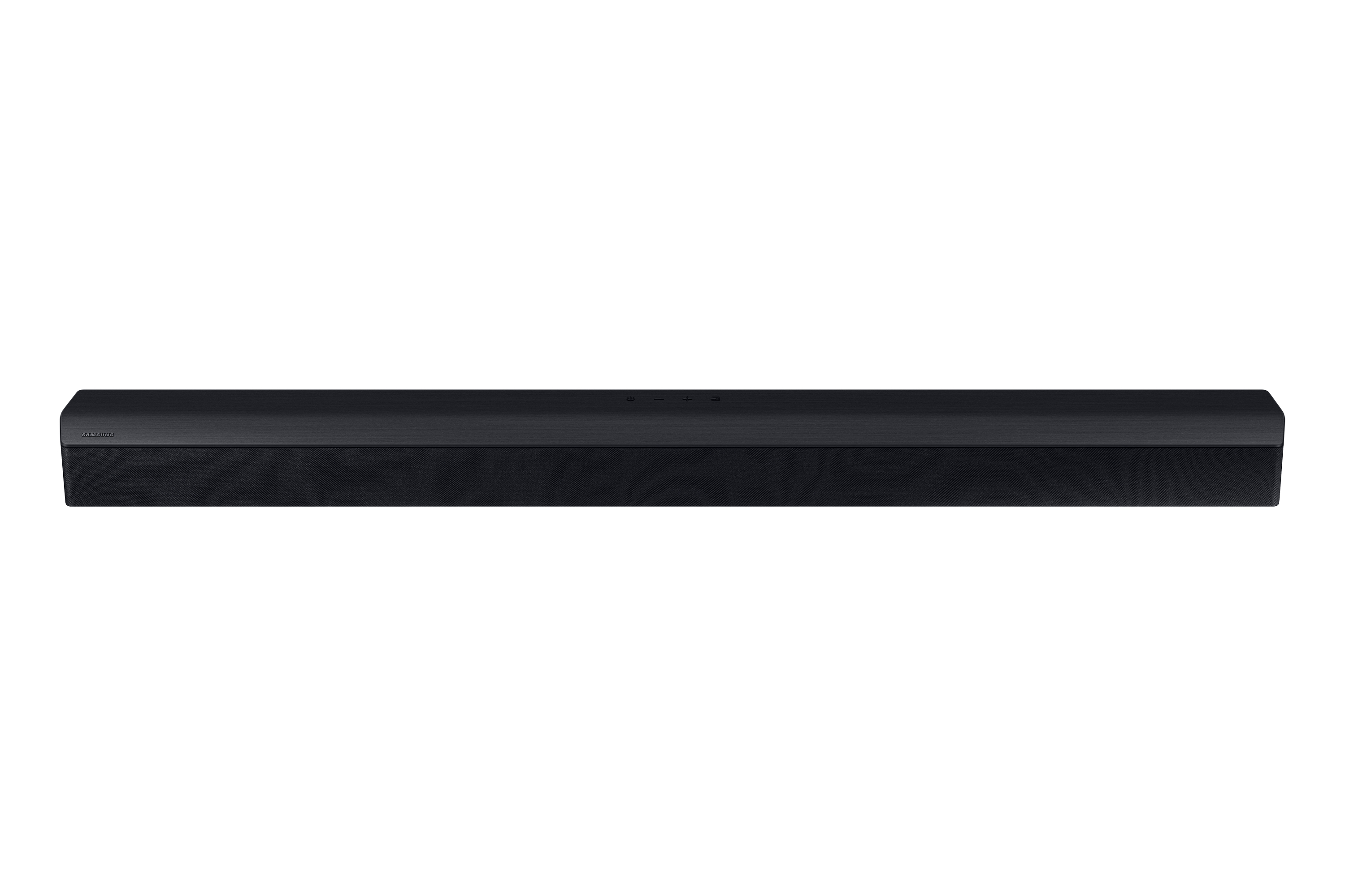 Soundbar Samsung nera. Forma rettangolare. Design minimalista.