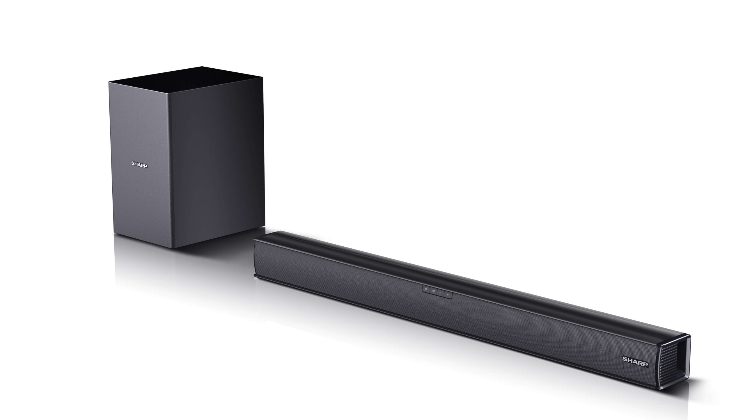 Czarny soundbar i subwoofer. Oba są czarne, z logo SHARP. Białe tło.