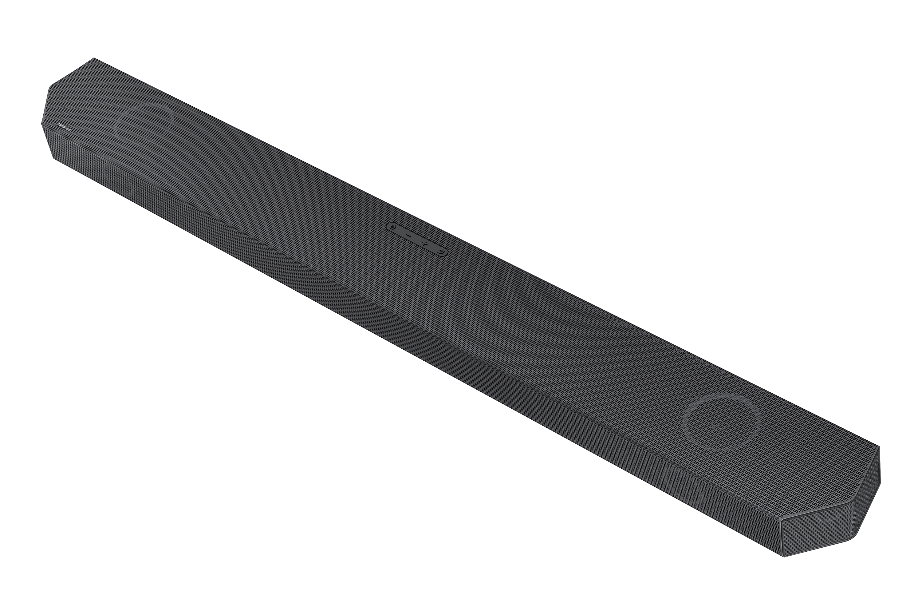 Ciemnoszary soundbar na białej powierzchni, widok z boku, minimalistyczny design.