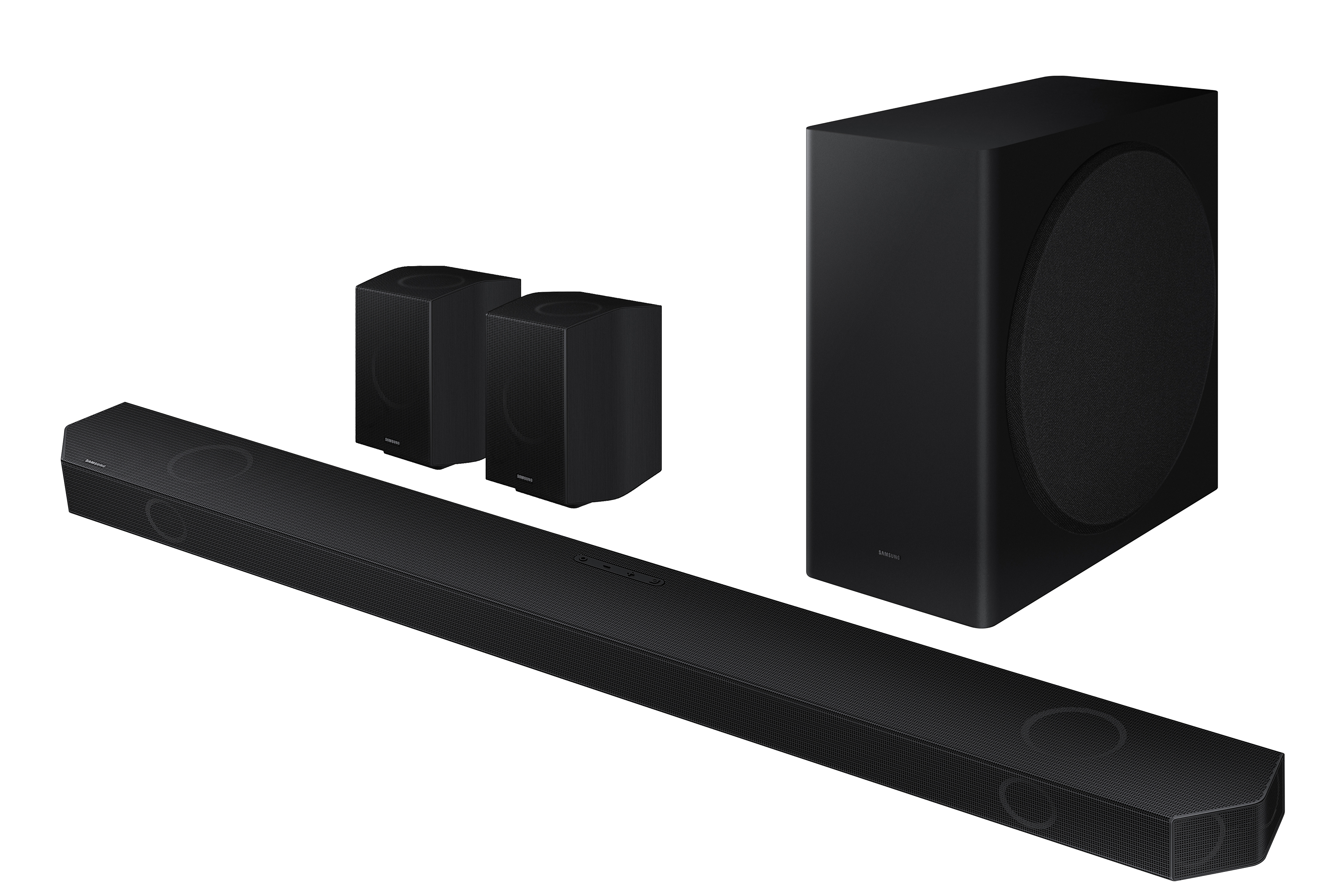 Czarny system soundbar Samsung z dwoma głośnikami i subwooferem.