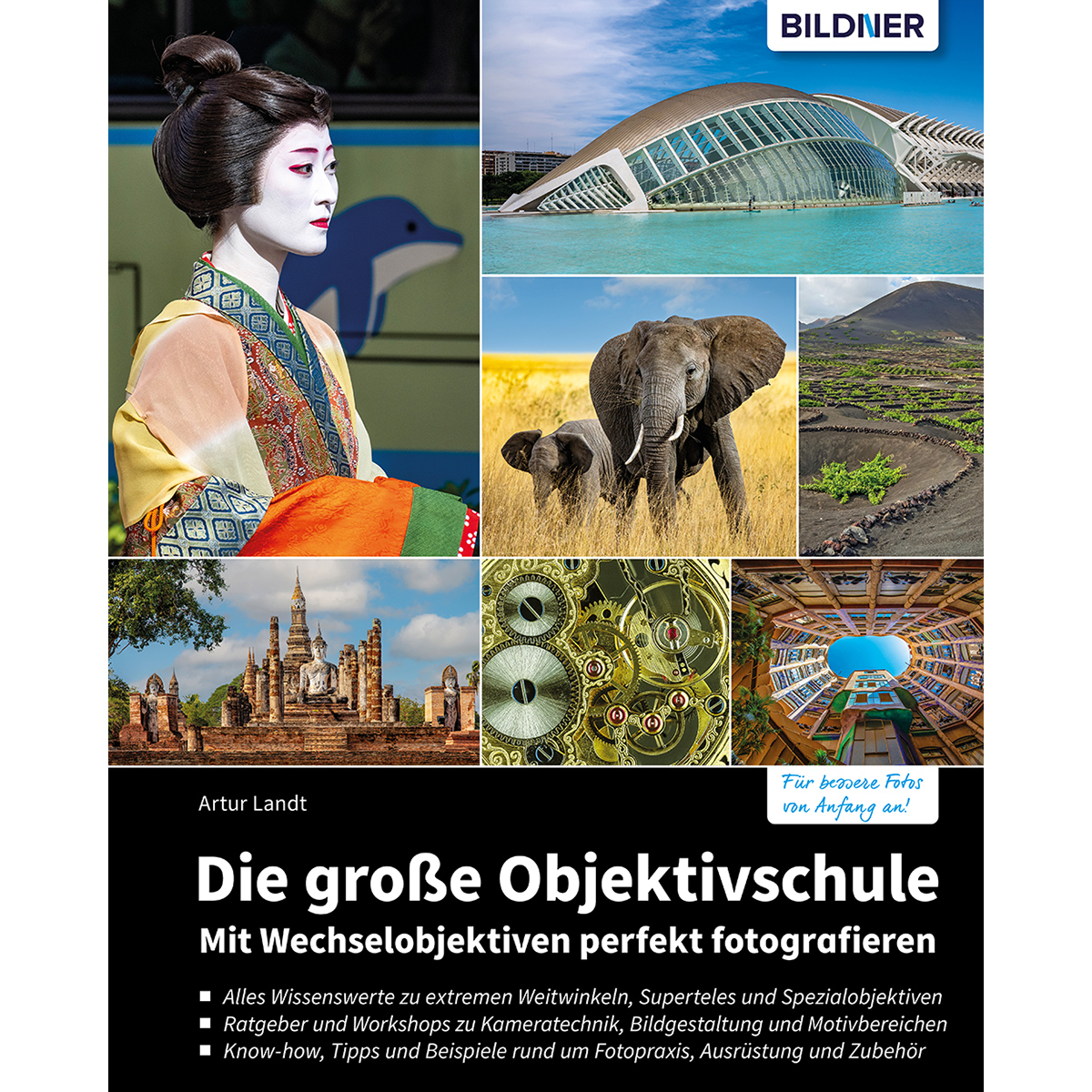 Buchcover mit Fotos von Landschaften, einer Geisha und Zahnrädern. Deutscher Text.