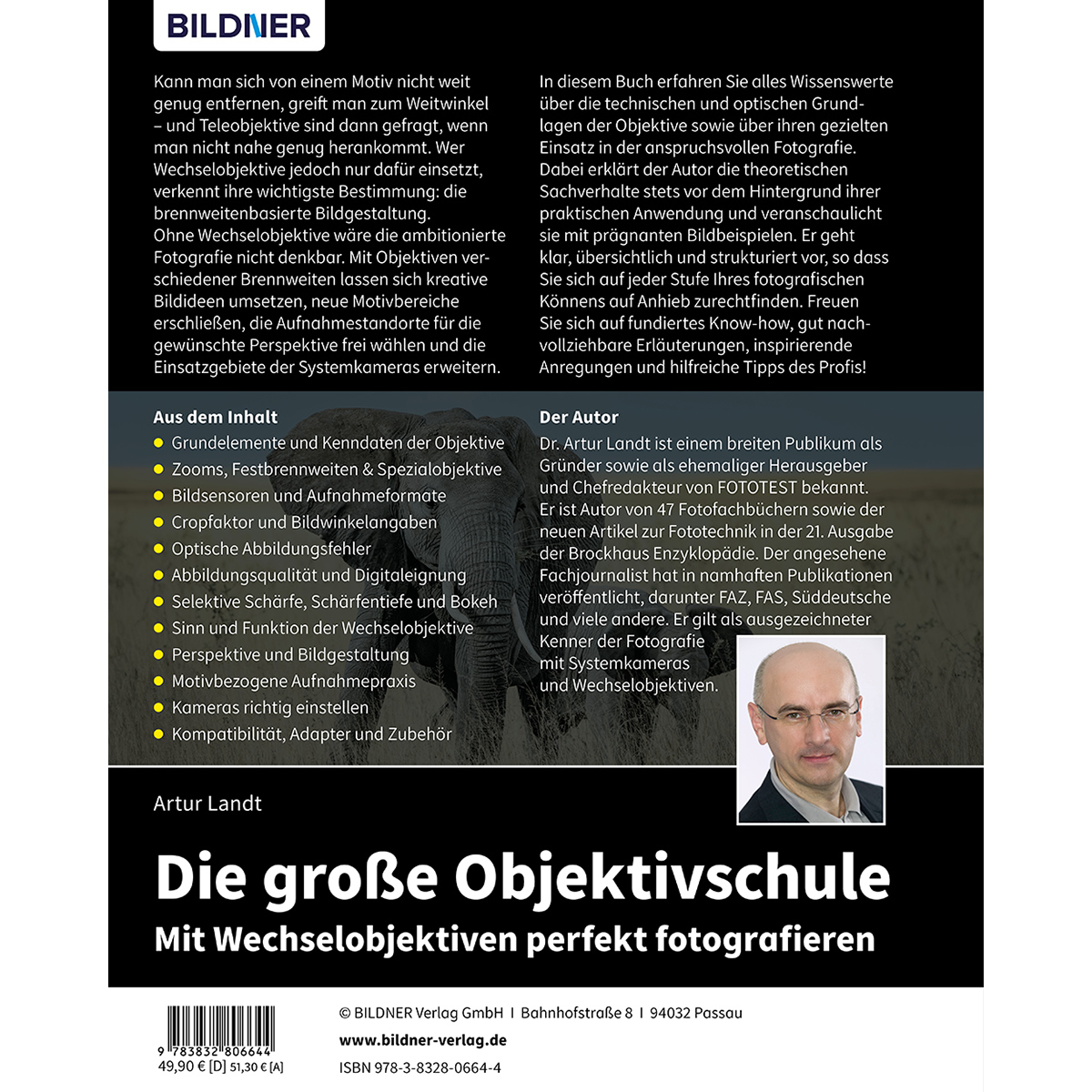 Buchcover: 'Die große Objektivschule'. Zeigt ein Foto eines Elefanten und Text von Artur Landt.