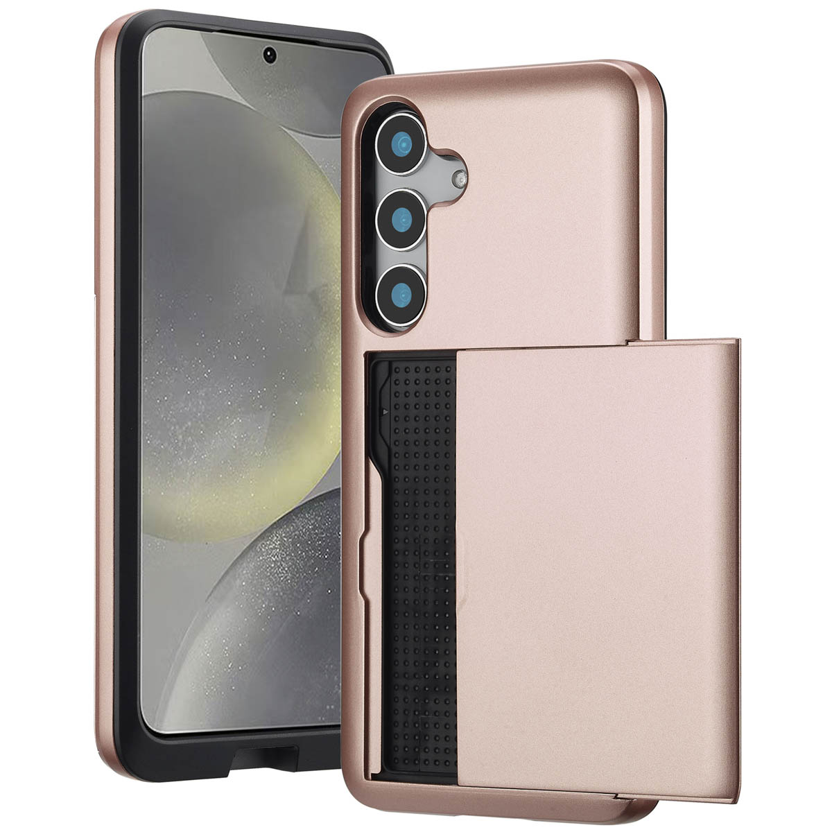 Een telefoonhoesje met kaarthouder, telefoon links.