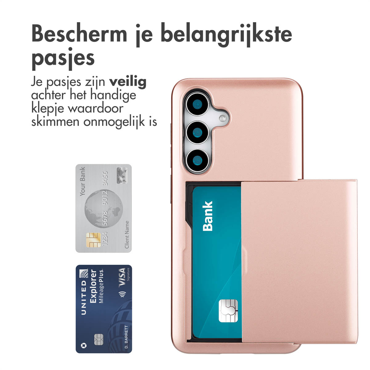 Een telefoonhoesje met creditcards. Het heeft een kaartsleuf.
