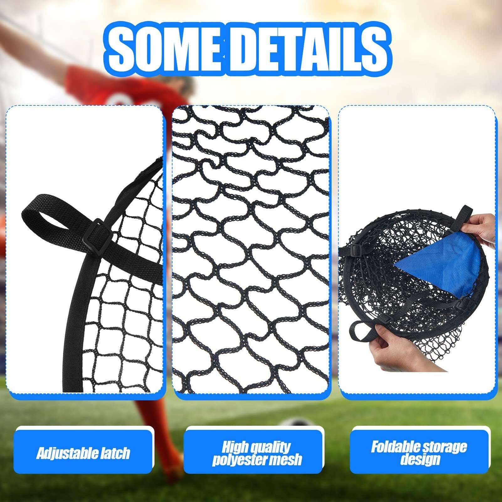 Fußballtornetz-Details. Verschluss, Netz und faltbares Design. Isoliert auf blauem und grünem Hintergrund.