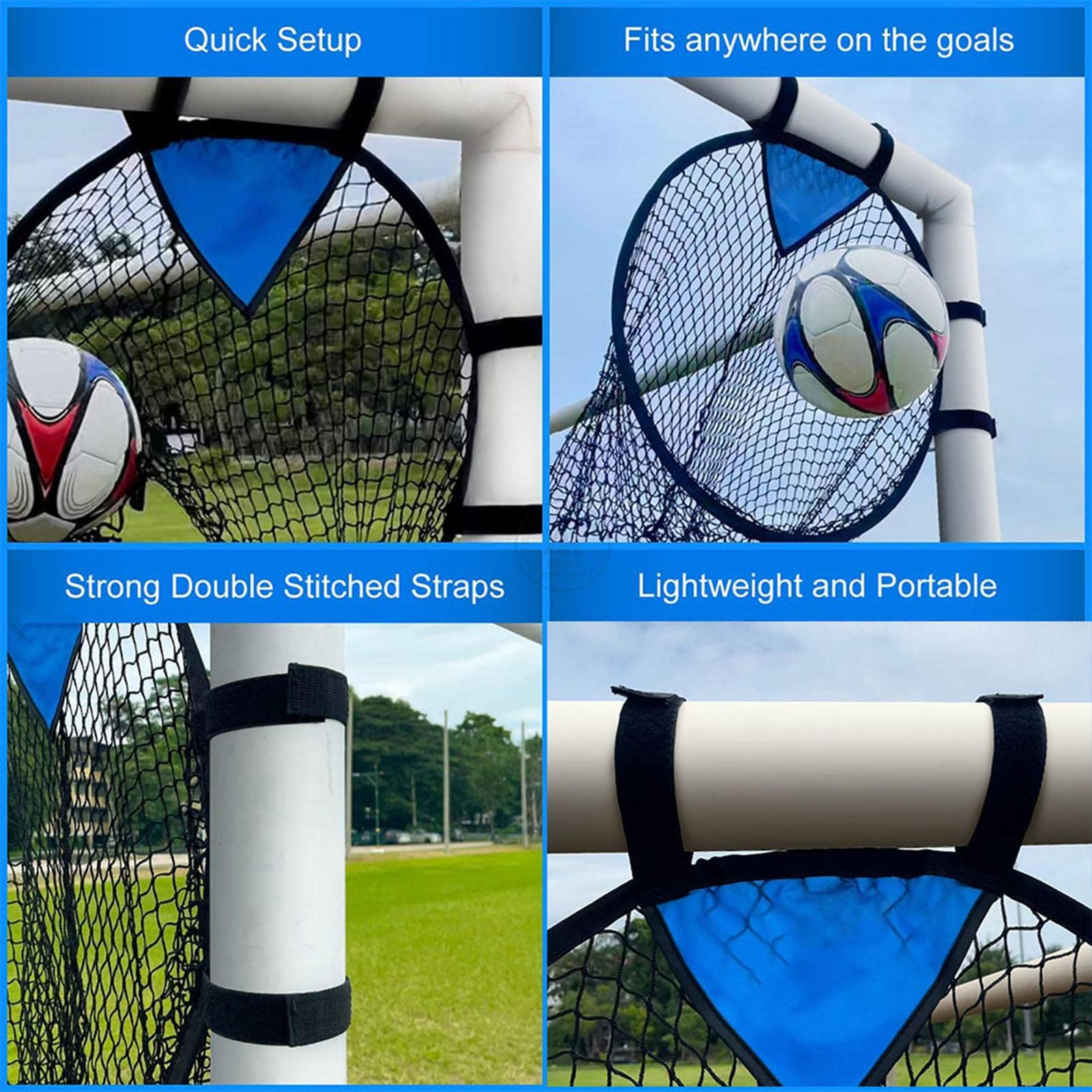 Fußballtor-Trainingsnetz mit blauen Dreiecken und Fußbällen.