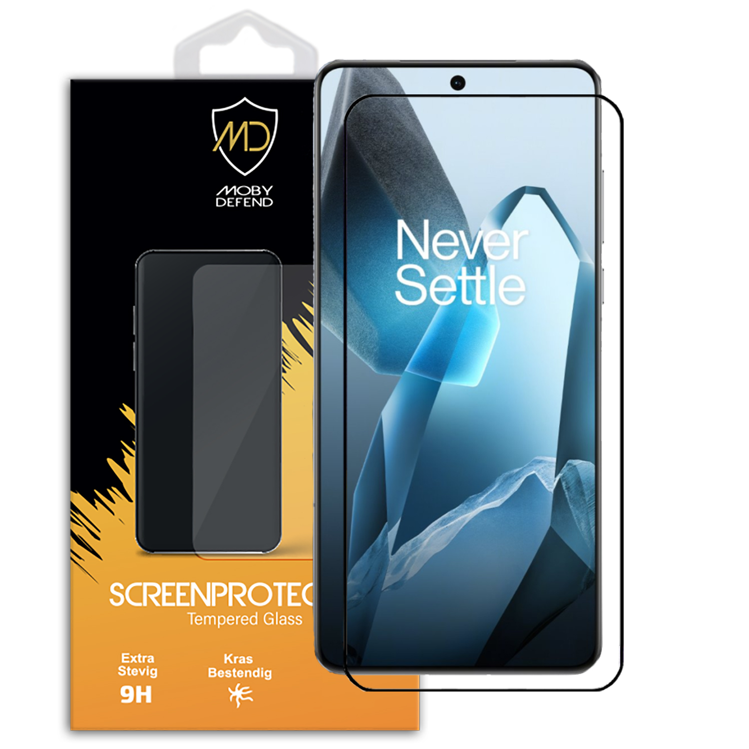 Een telefoon met een schermbeschermer in een doos. De beschermer heeft een zwarte rand.