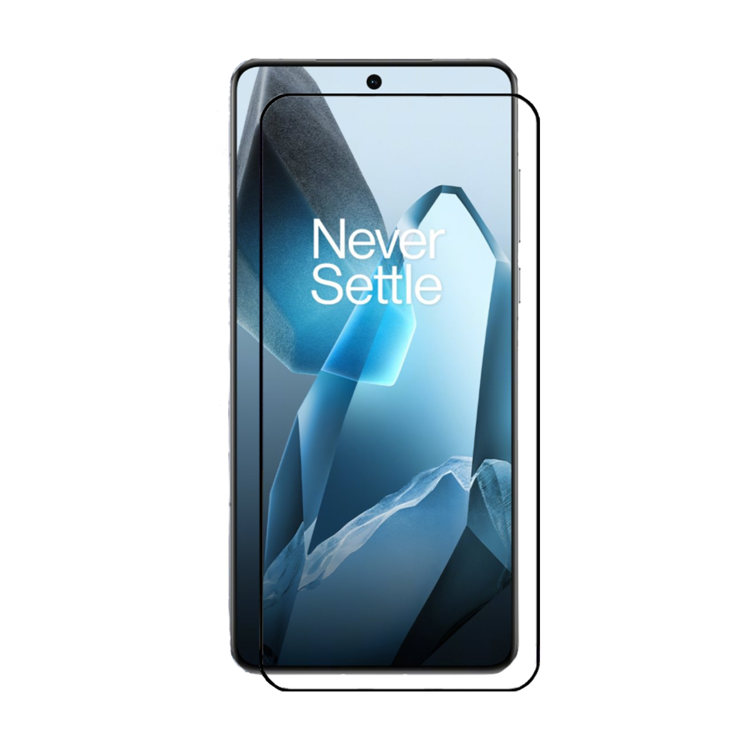 Een smartphone met een schermbeschermer. Het scherm toont een geometrisch ontwerp en 'Never Settle'.