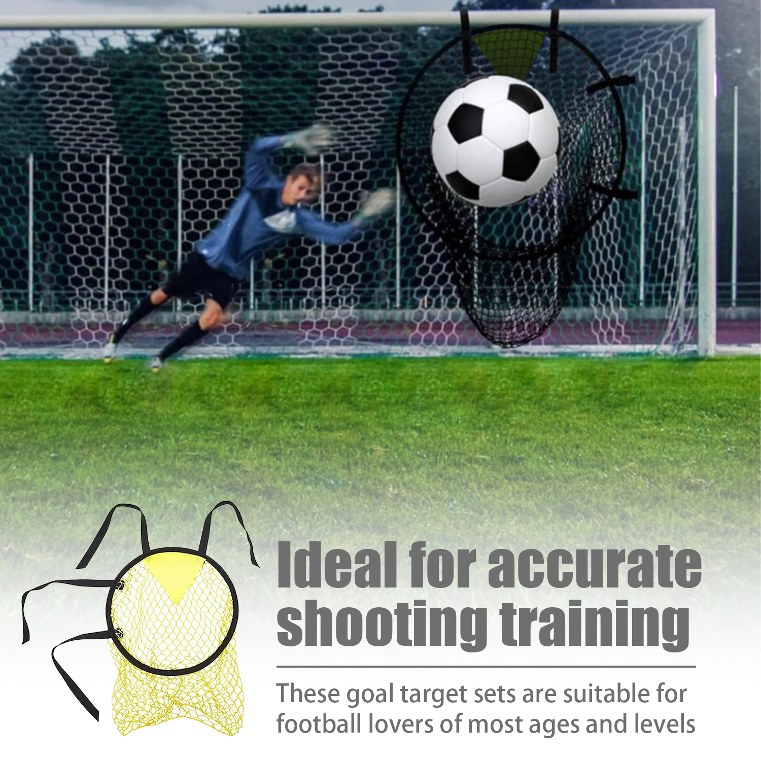 Una porta da calcio con una rete e un pallone da calcio. Portiere in azione.