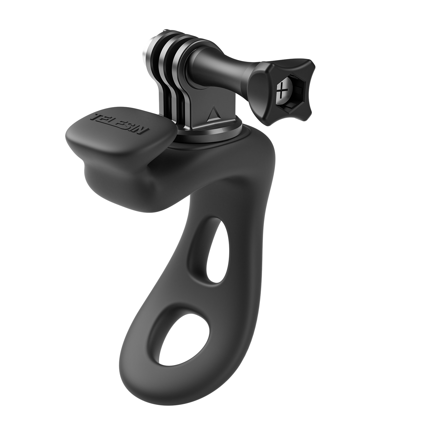 Zwarte actiecamera mount met handvat en schroef. Witte achtergrond.