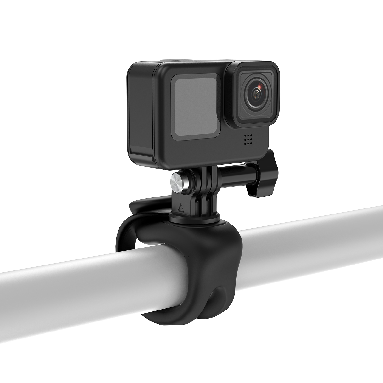 Zwarte GoPro-camera bevestigd aan een zwarte clip op een witte stang.