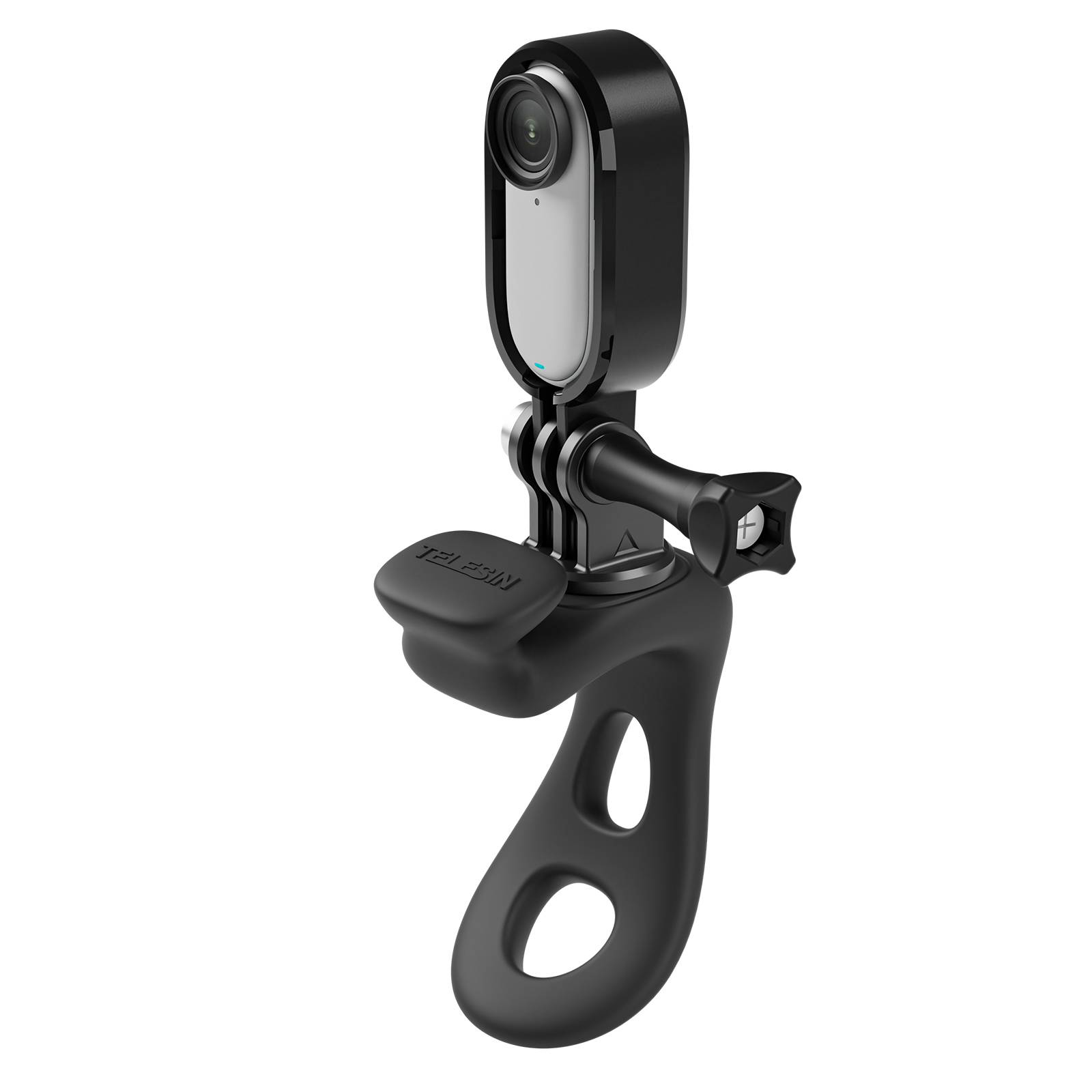 Zwarte actiecamera met handvat. Het heeft een camera, een handvat en een mount.