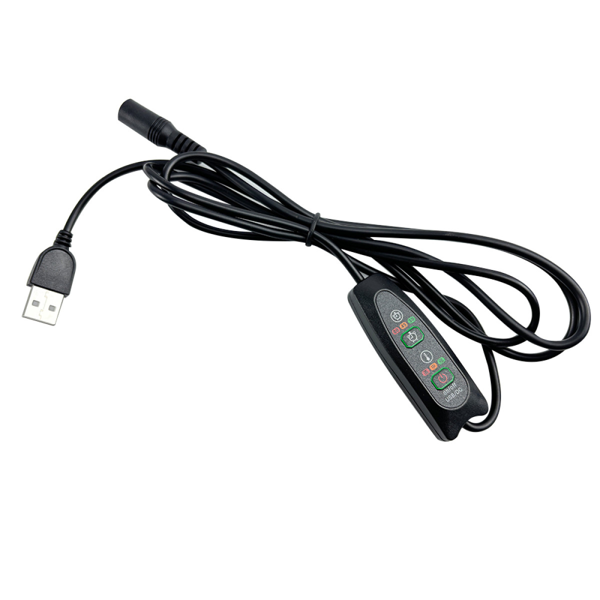 Black USB cable with a control panel. Includes USB connector and a power button.