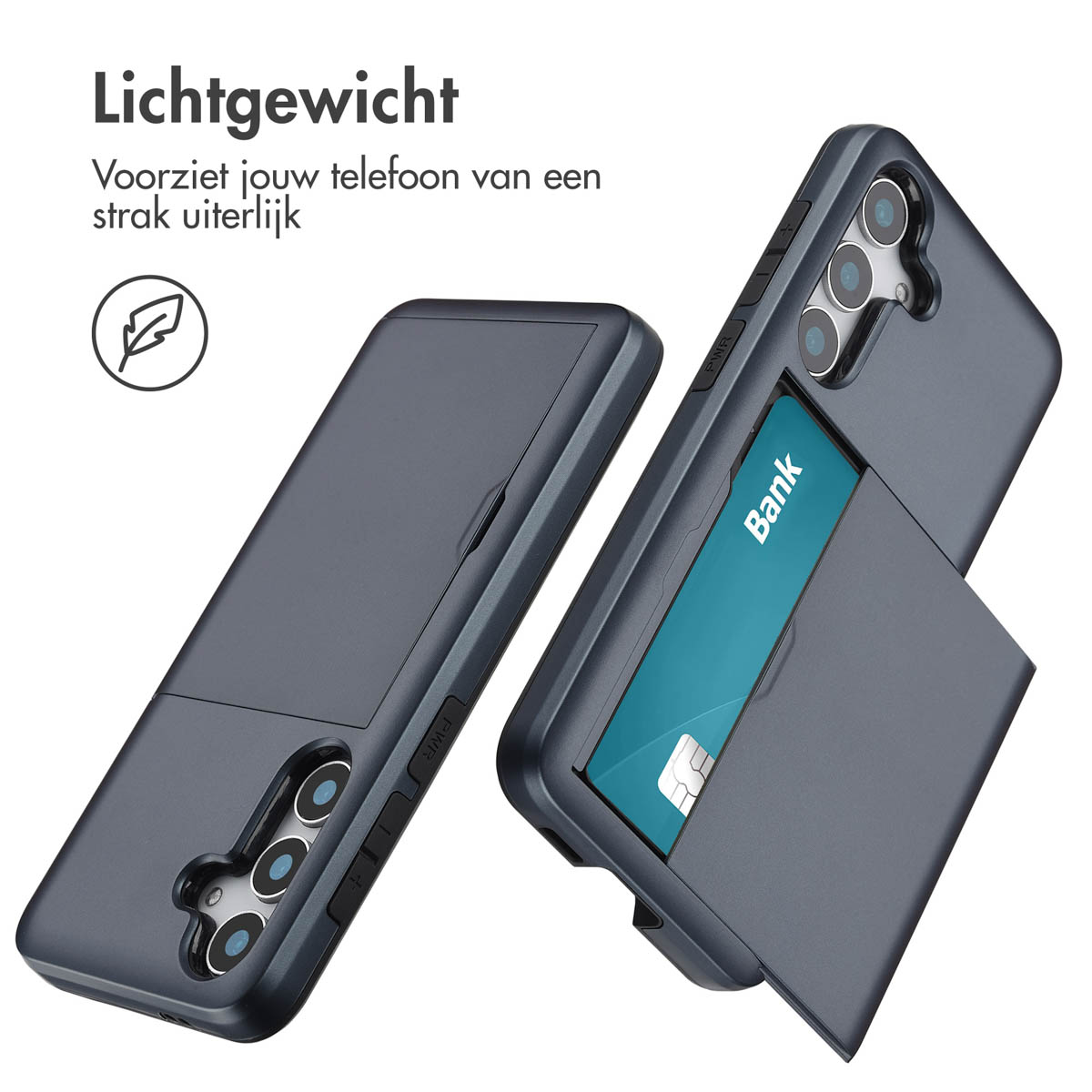 Twee donkerblauwe telefoonhoesjes, één met een kaartsleuf en een bankpas.