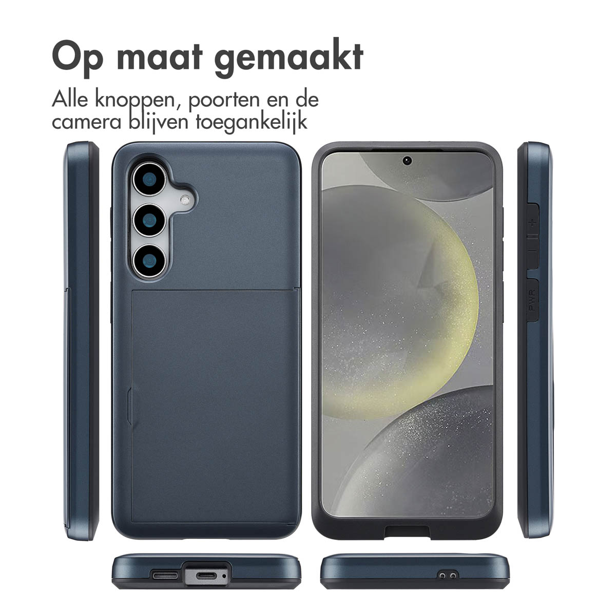 Donkerblauwe telefoonhoes met kaartsleuven en een telefoon erin. Nederlandse tekst: 'Op maat gemaakt'.