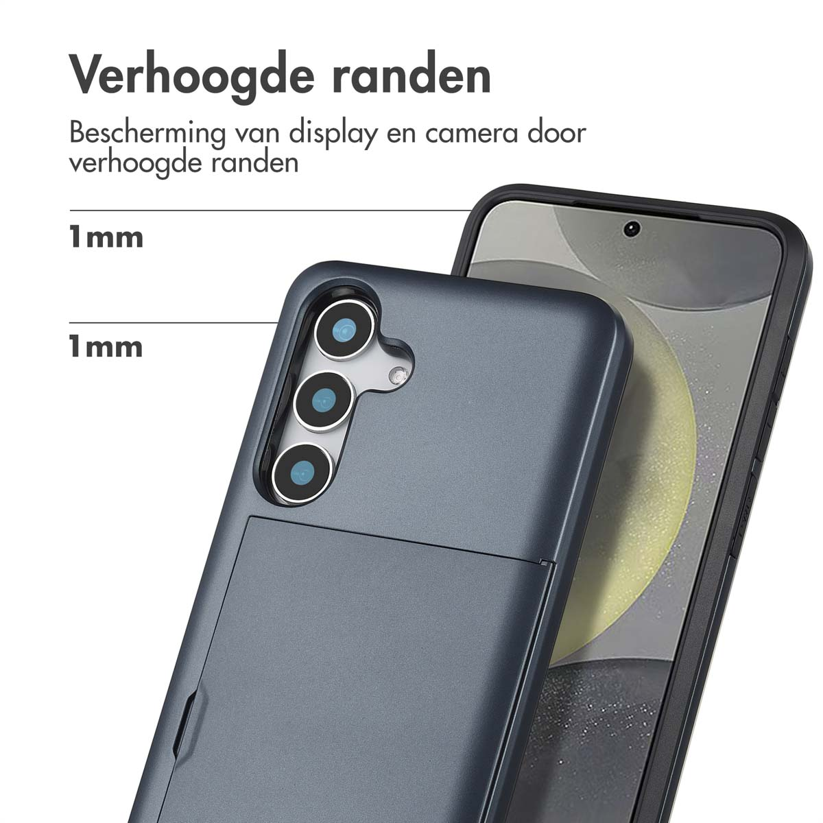 Blauwe telefoonhoes met een donkerblauwe achterkant en een telefoon erin, met de camera.
