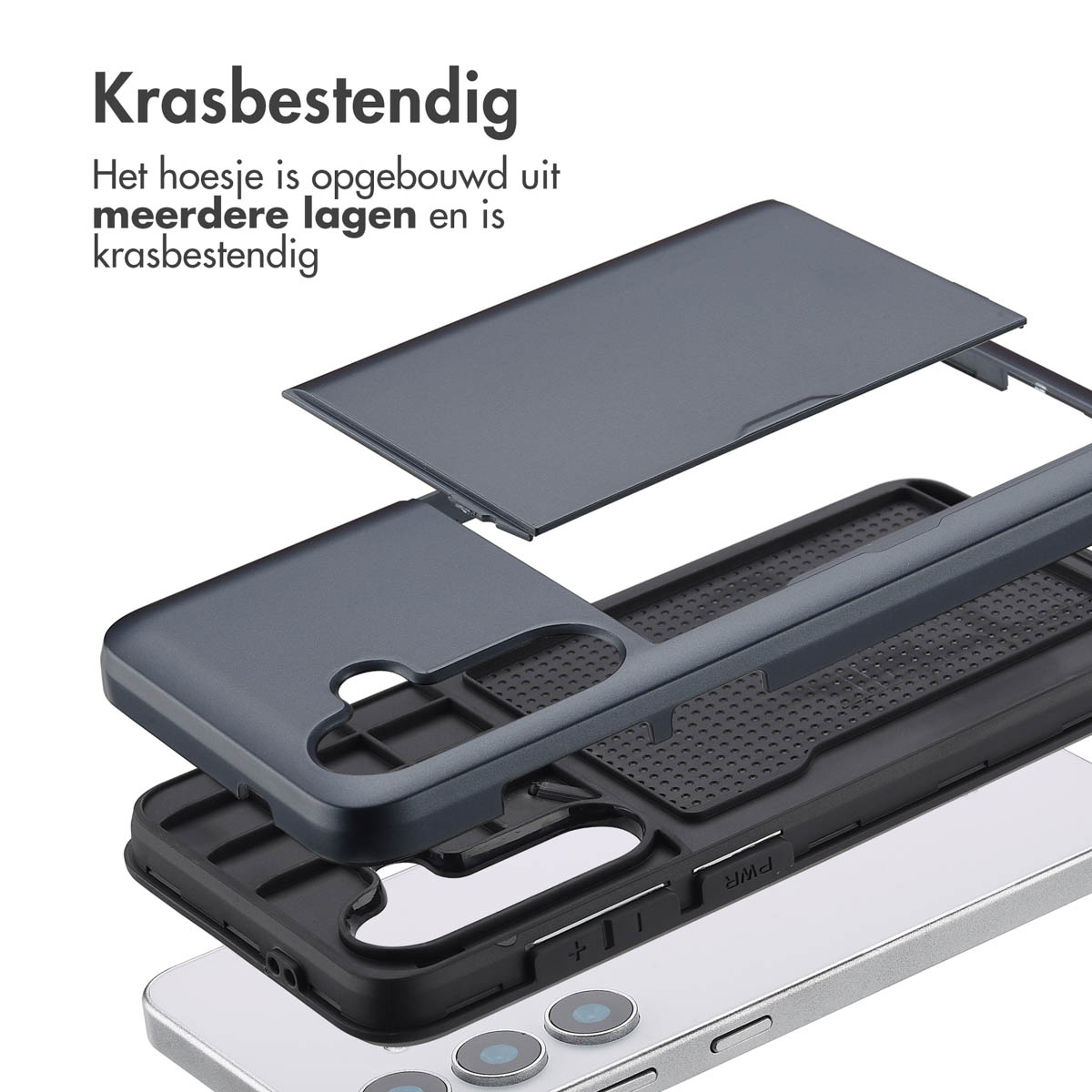 Telefoonhoes lagen geëxplodeerd. Grijze bovenlaag, zwart midden en zilveren telefoon.