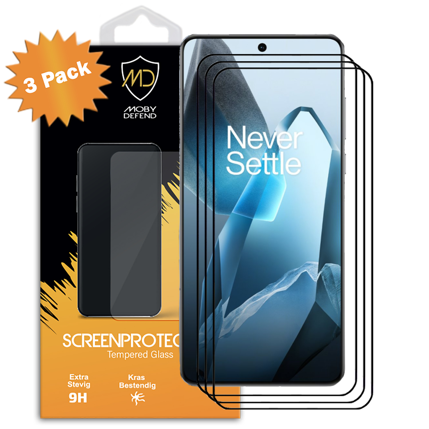 Verpakte schermbeschermers voor een telefoon. De verpakking toont de telefoon en de tekst "Never Settle".