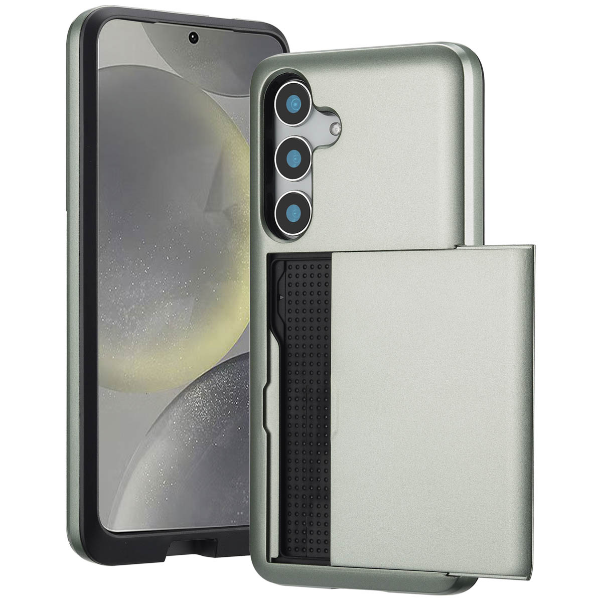 Coque de téléphone verte avec trois objectifs d'appareil photo et un porte-cartes. Le téléphone est à gauche.