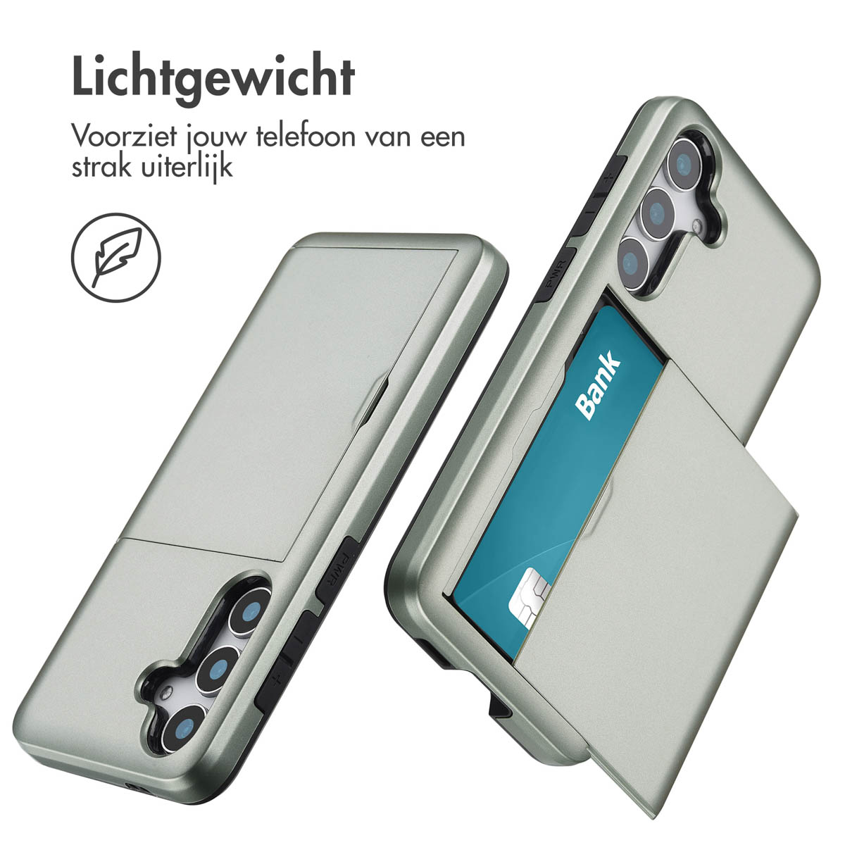 Deux étuis gris pour téléphone avec fente pour carte et écran. Fond blanc.