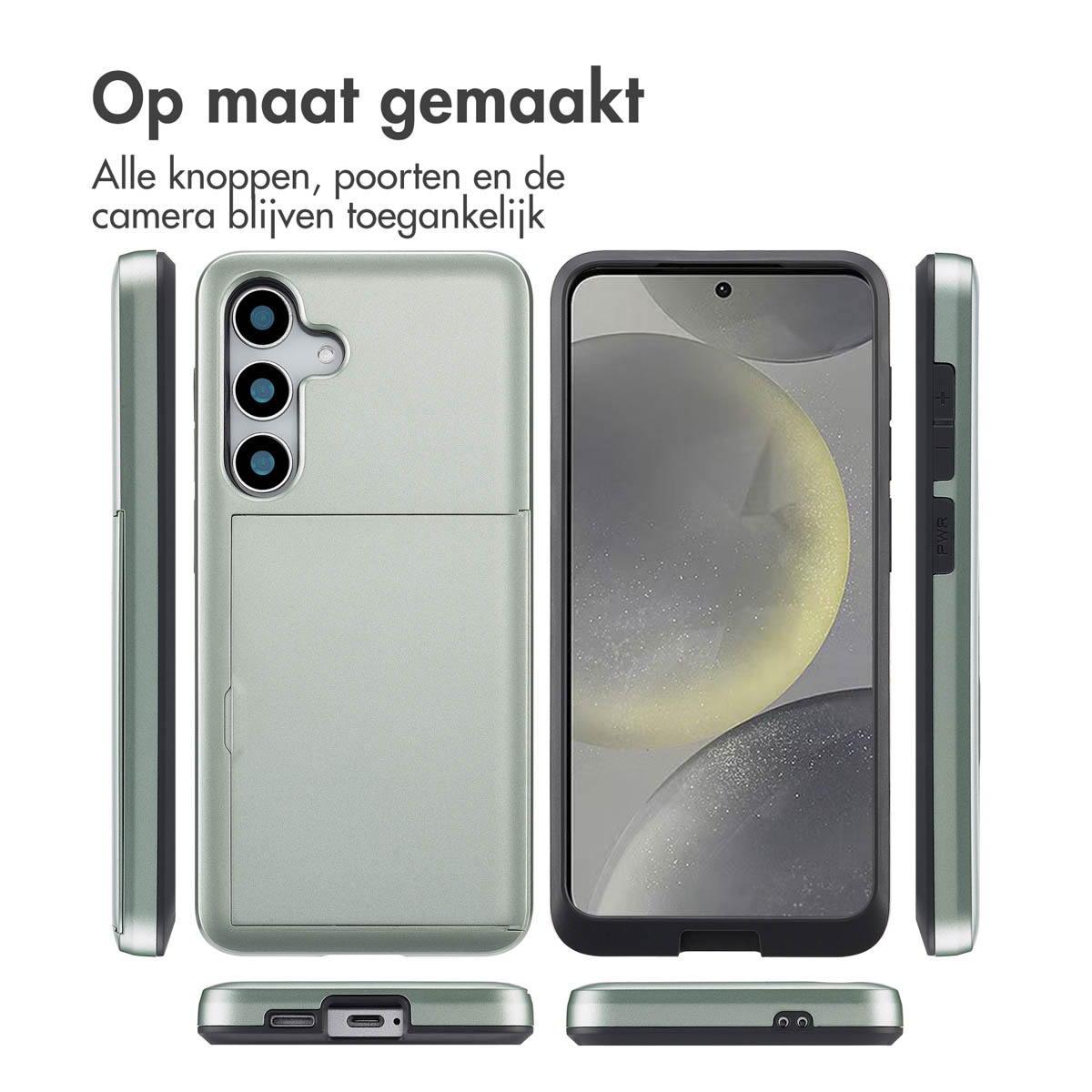 Un téléphone dans un étui, montré sous plusieurs angles. L'étui est vert clair avec fente.