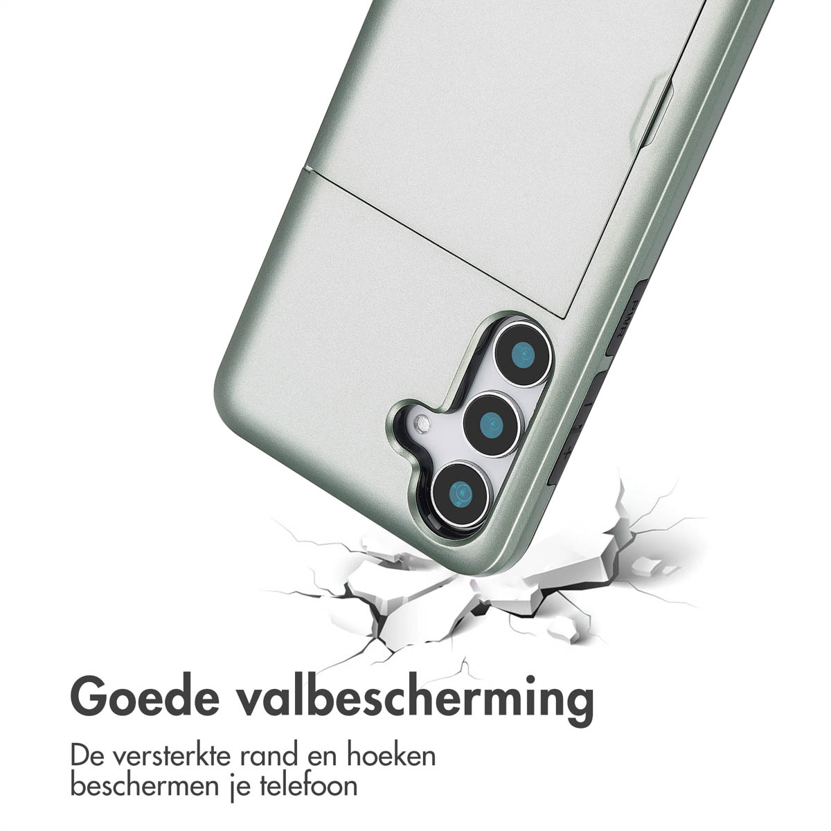 Une coque de smartphone sur une surface avec des fissures. Le texte indique 'Bonne protection contre les chutes'.